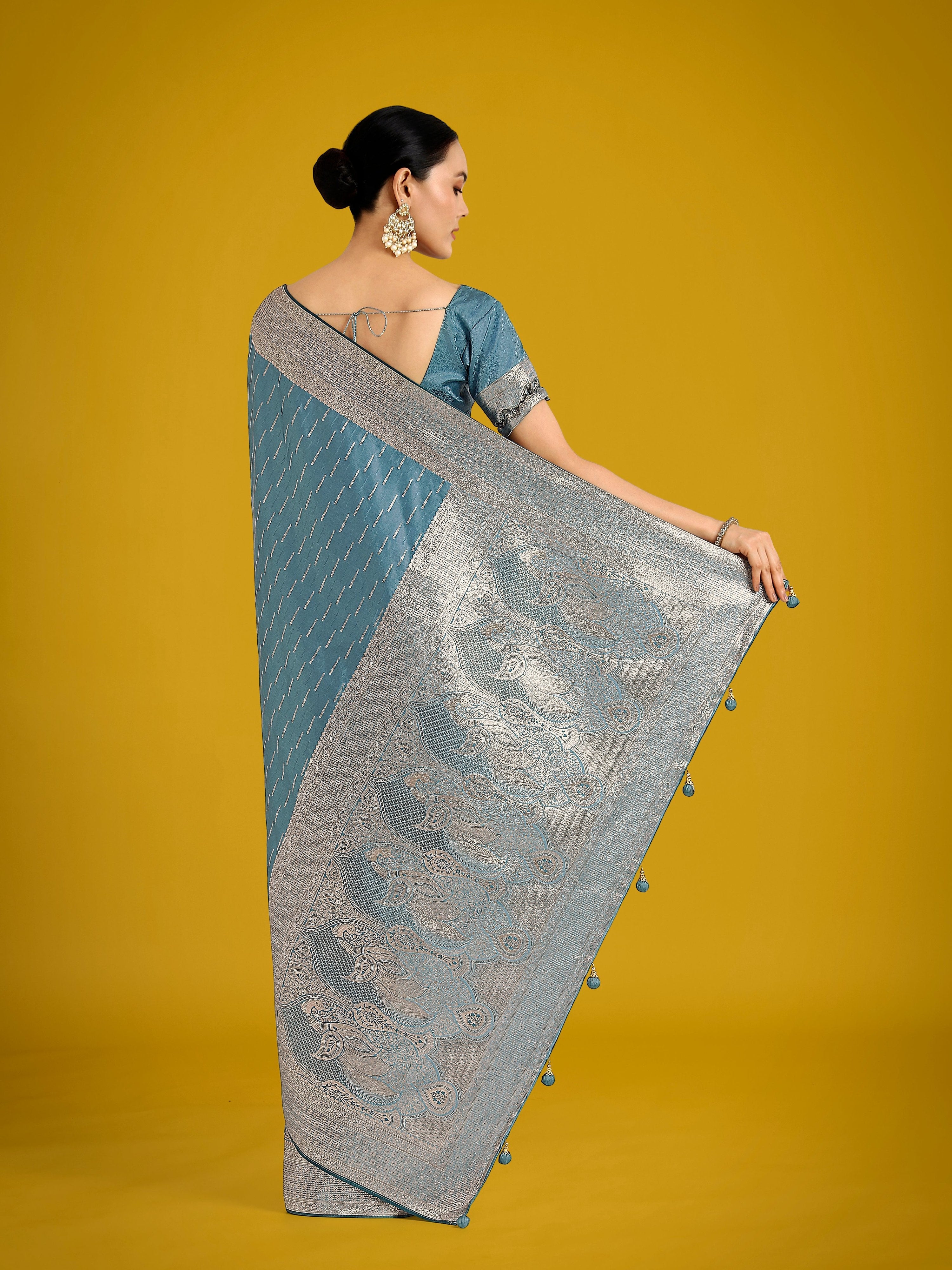 Dusty Cyan Banarasi Satin Silk Saree with Elegant Zari Weaving