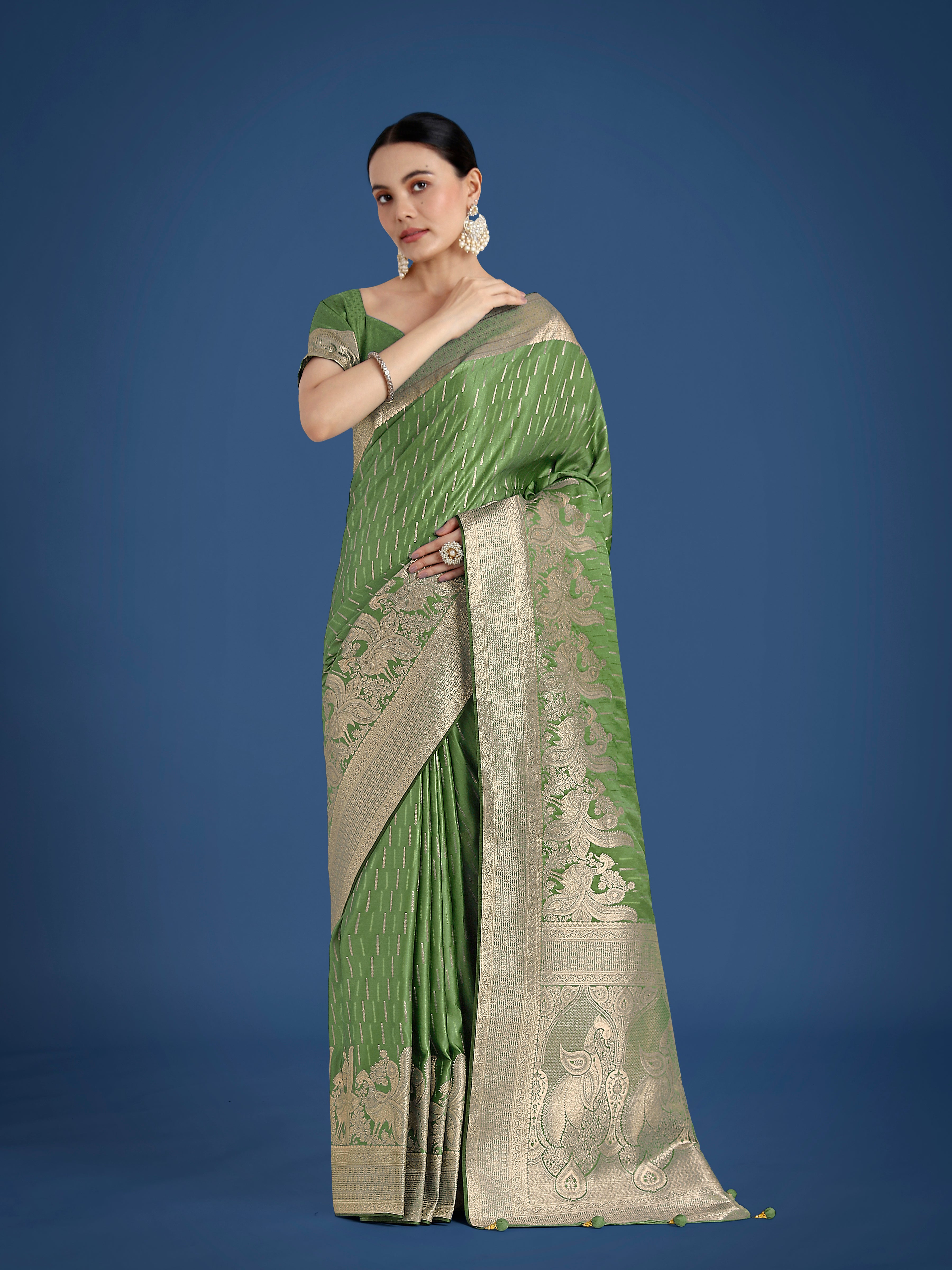 Dusty Green Banarasi Satin Silk saree with intricate Zari weaving for festivals