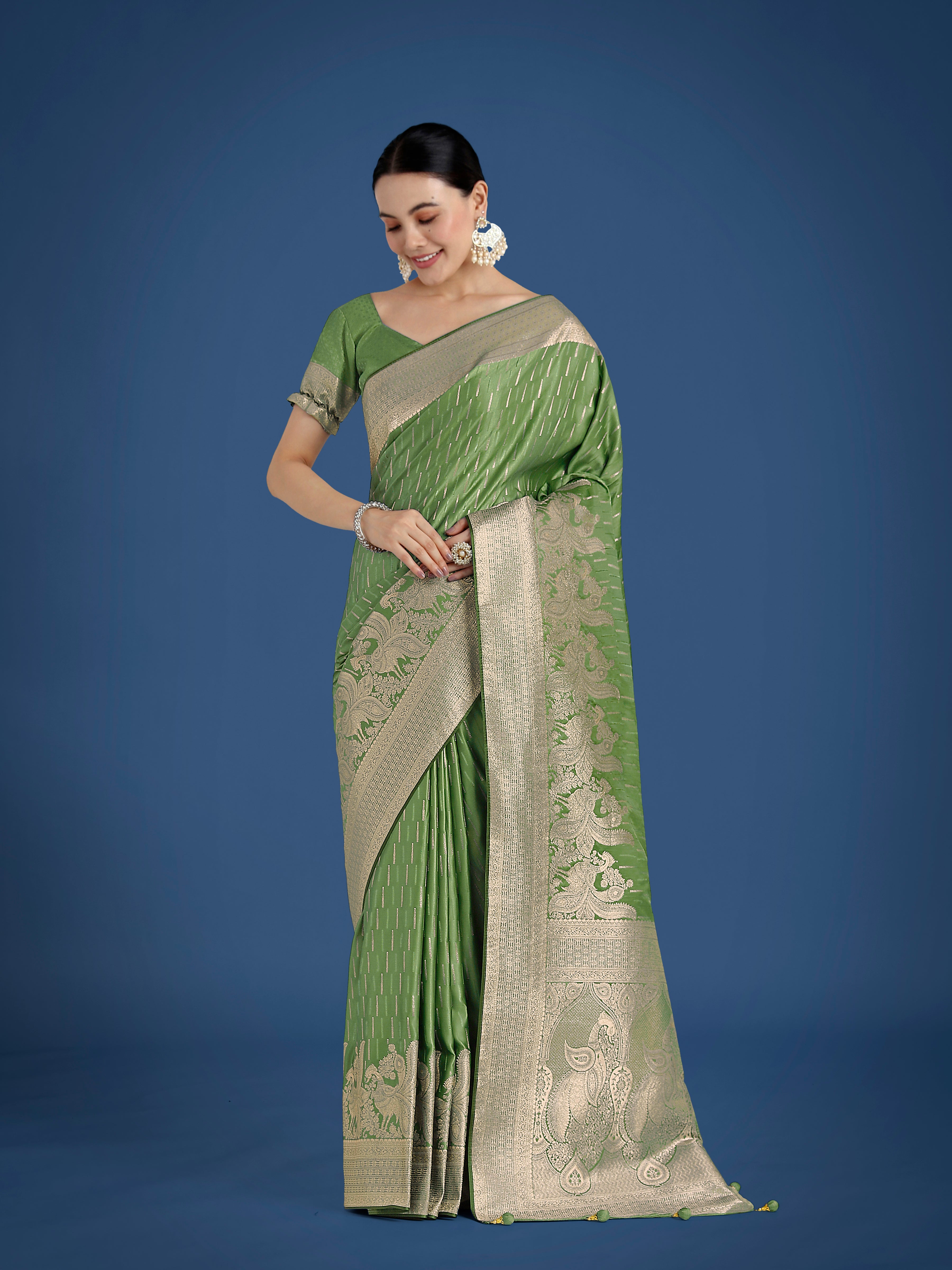Dusty Green Banarasi Satin Silk Saree with Zari Weaving for Festivals