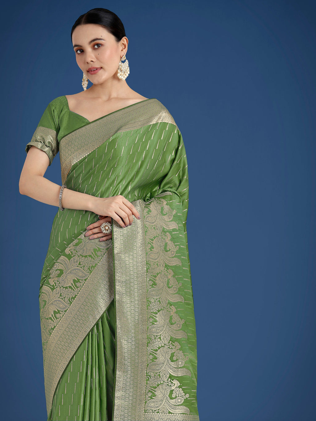 Dusty Green Banarasi Satin Silk Saree with Zari Weaving for Festivals