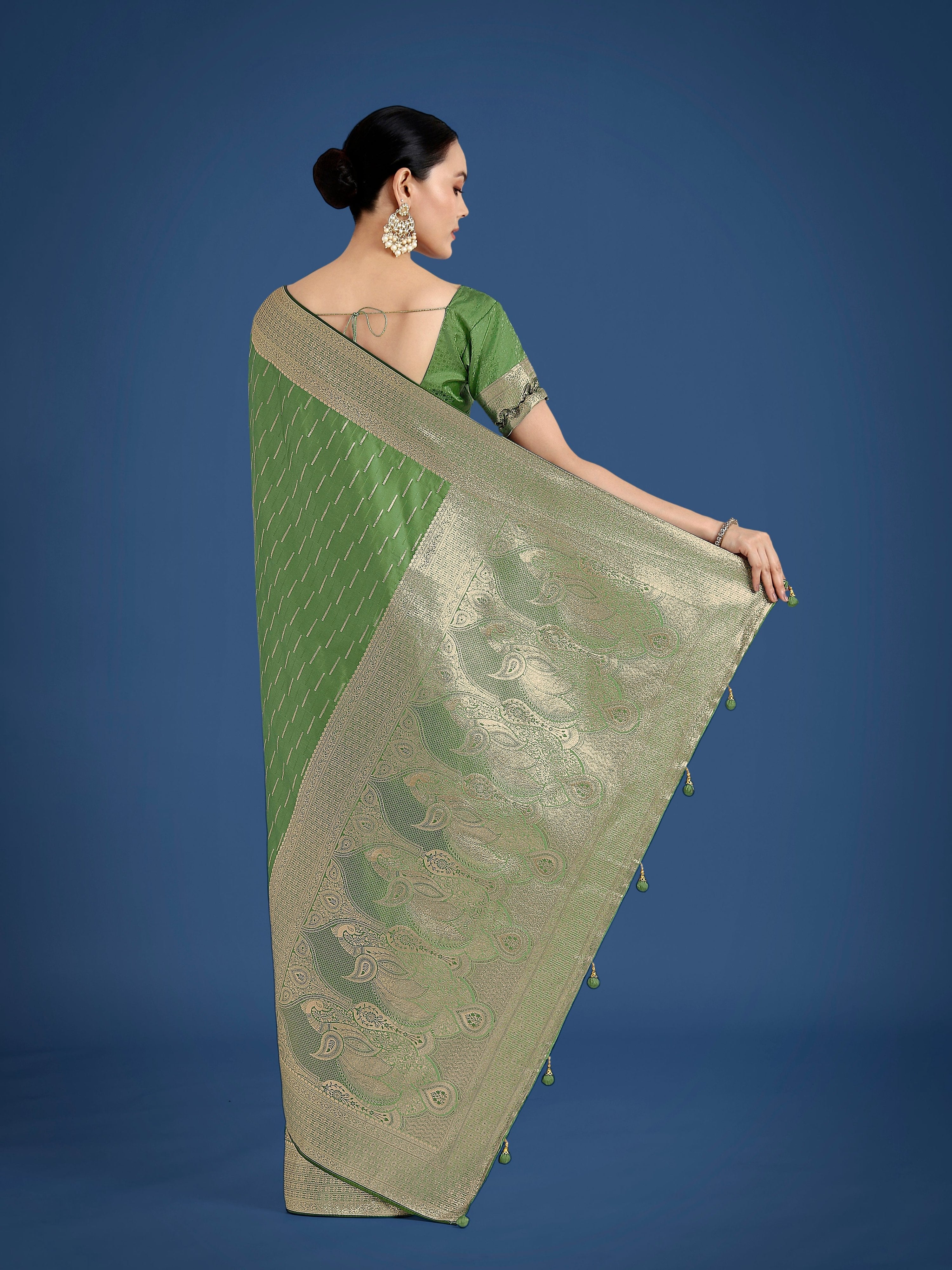 Dusty Green Banarasi Satin Silk Saree with Zari Weaving for Festivals
