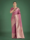 Dusty Rose Pink Banarasi Satin Silk Saree with elegant gold Zari weaving detail