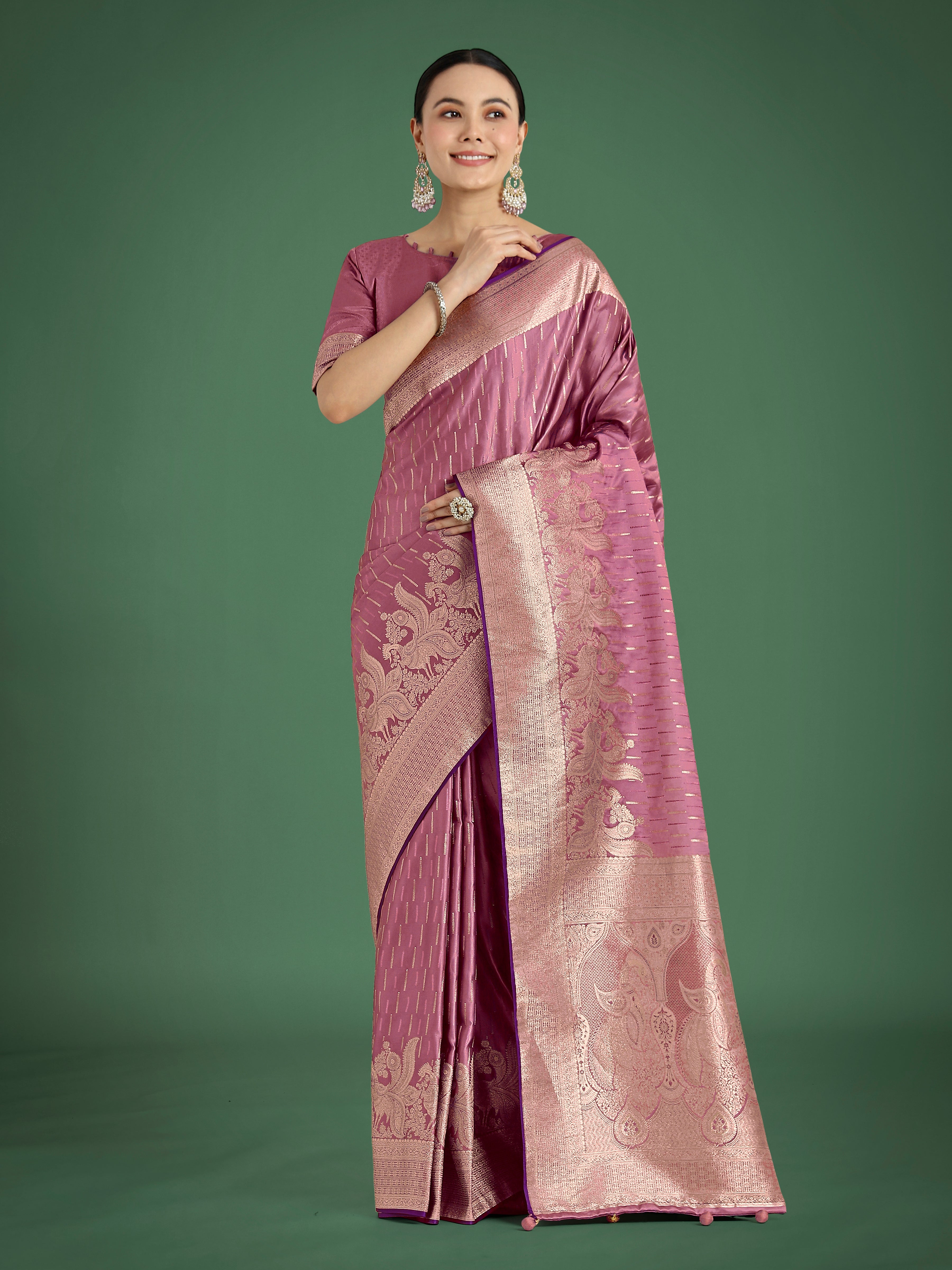 Dusty Rose Pink Banarasi Satin Silk Saree with elegant gold Zari weaving detail