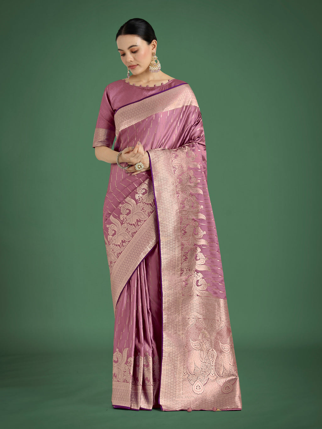 Dusty Rose Pink Banarasi Satin Silk Saree with Zari Woven Border