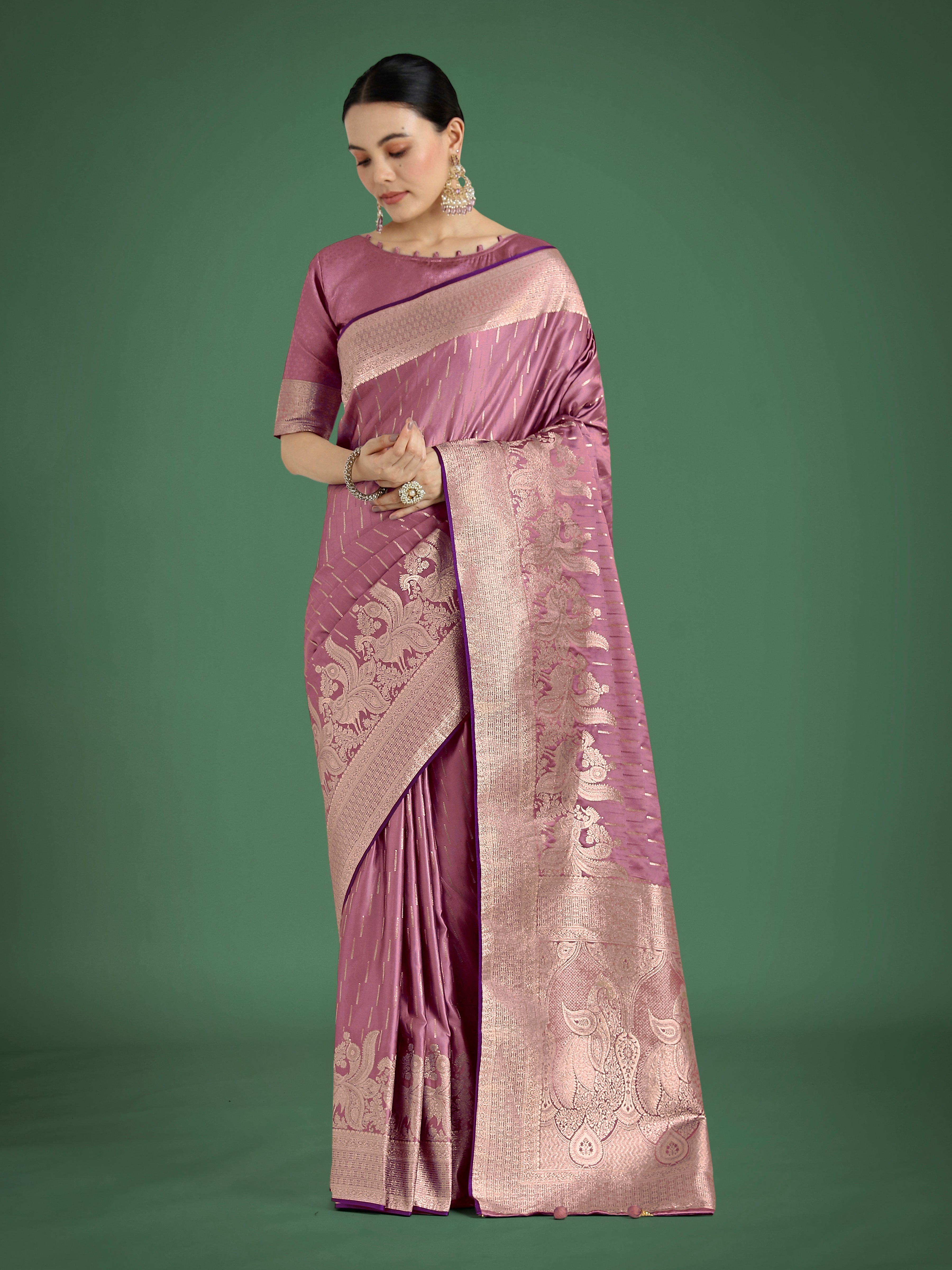 Dusty Rose Pink Banarasi Satin Silk Saree with Zari Woven Border