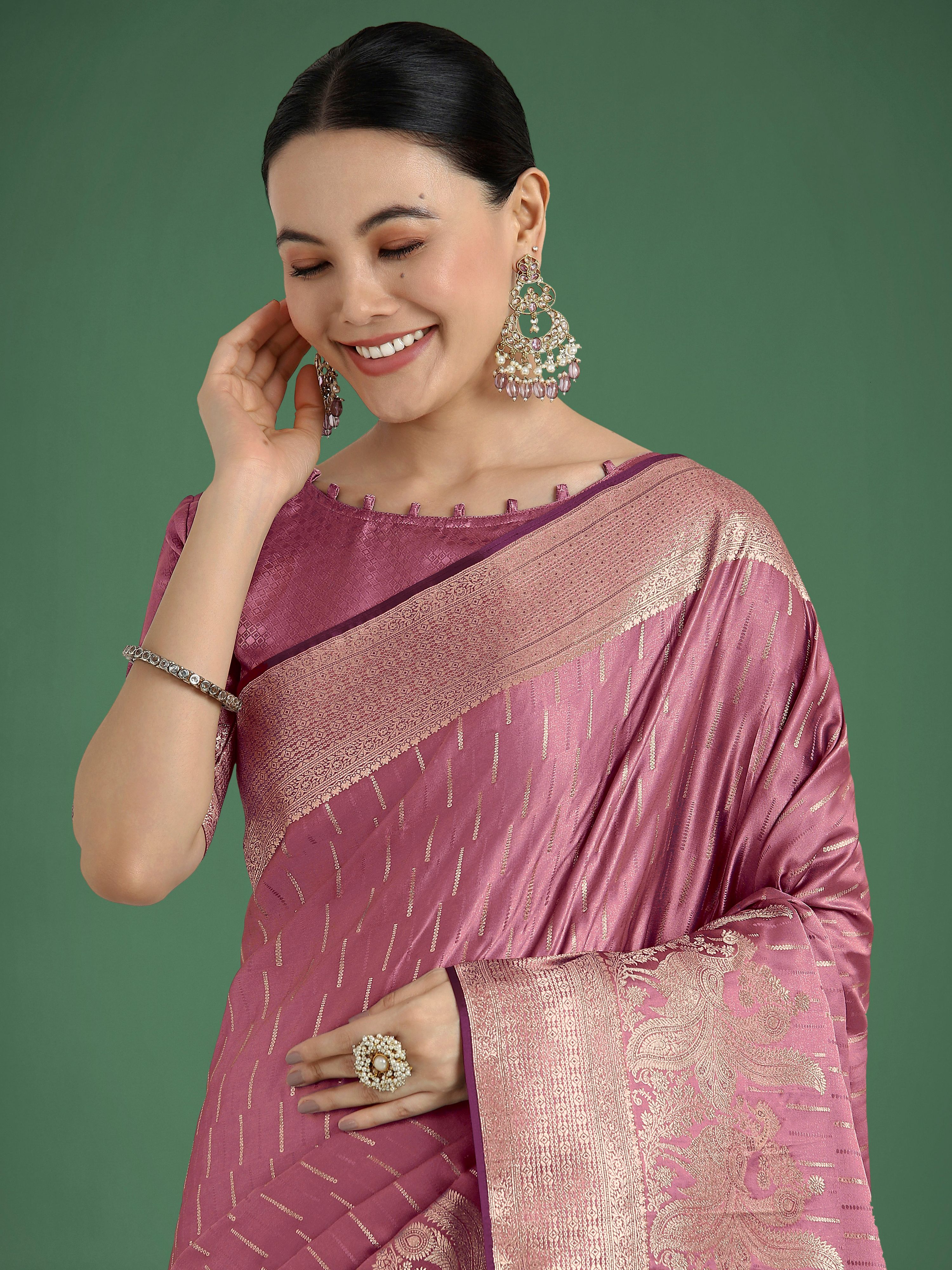 Dusty Rose Pink Banarasi Satin Silk Saree with Zari Woven Border