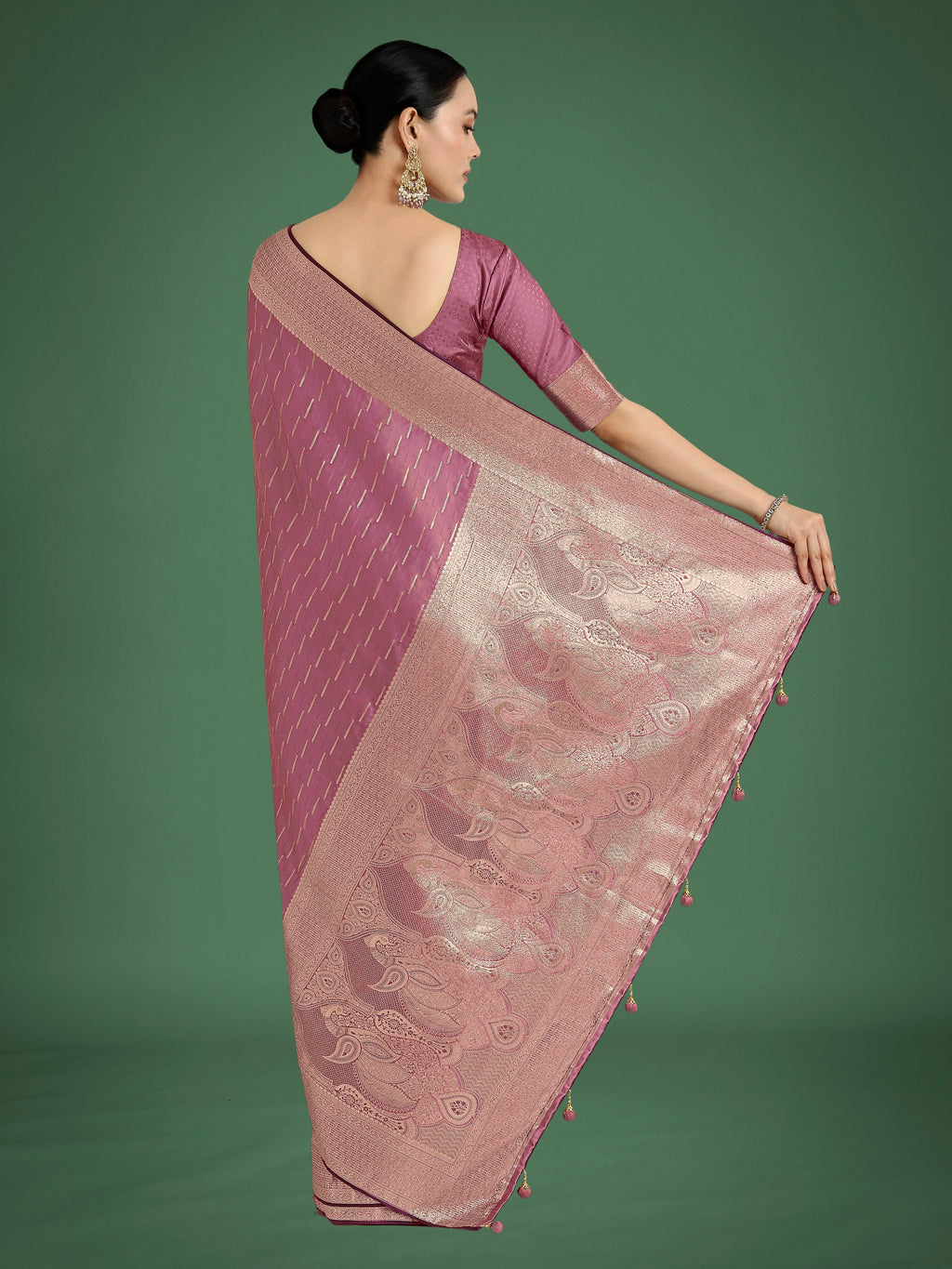 Dusty Rose Pink Banarasi Satin Silk Saree with Zari Woven Border