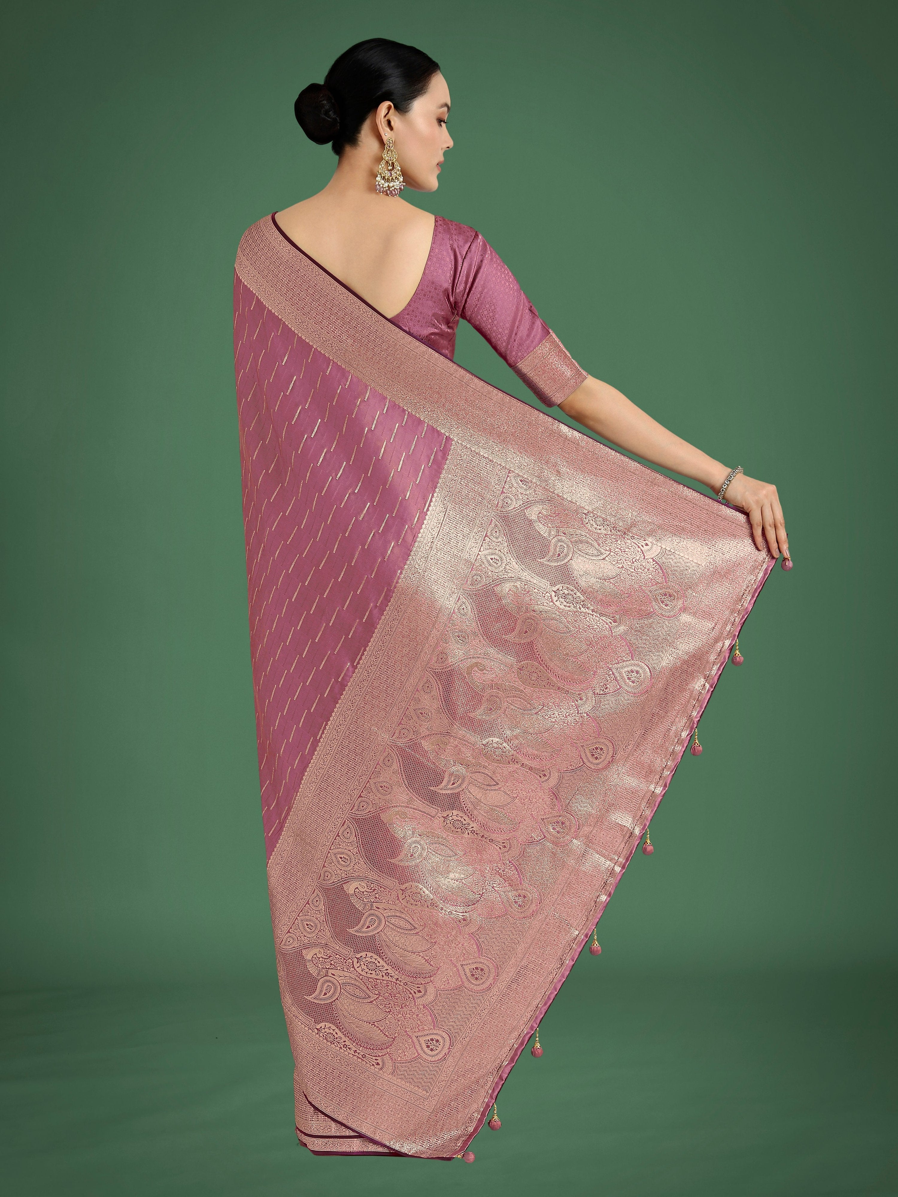 Dusty Rose Pink Banarasi Satin Silk Saree with Zari Woven Border
