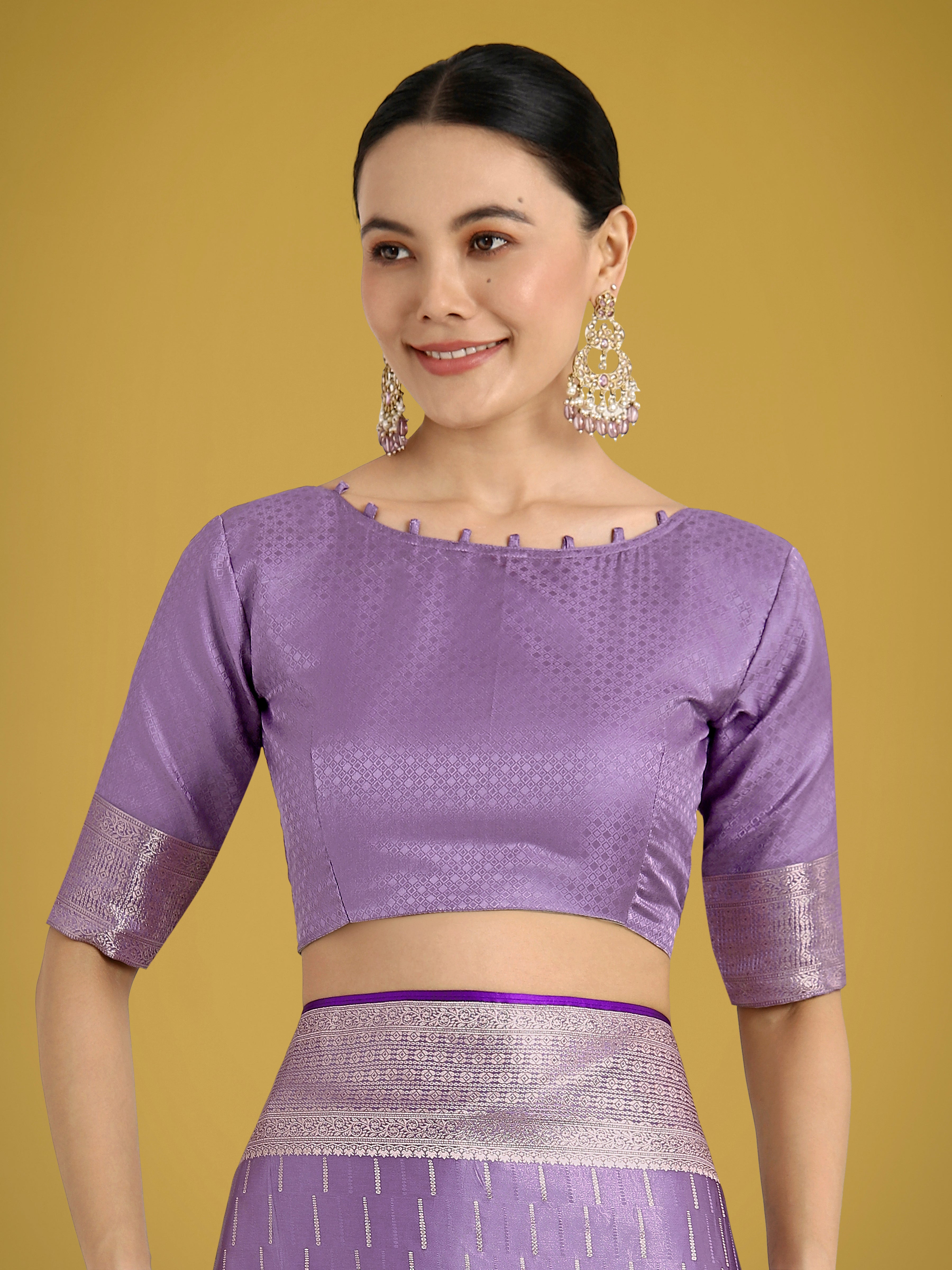 Monjolika Fashion Dusty Lavender Weaving Banarasi Satin Silk Trendy Saree For Festival