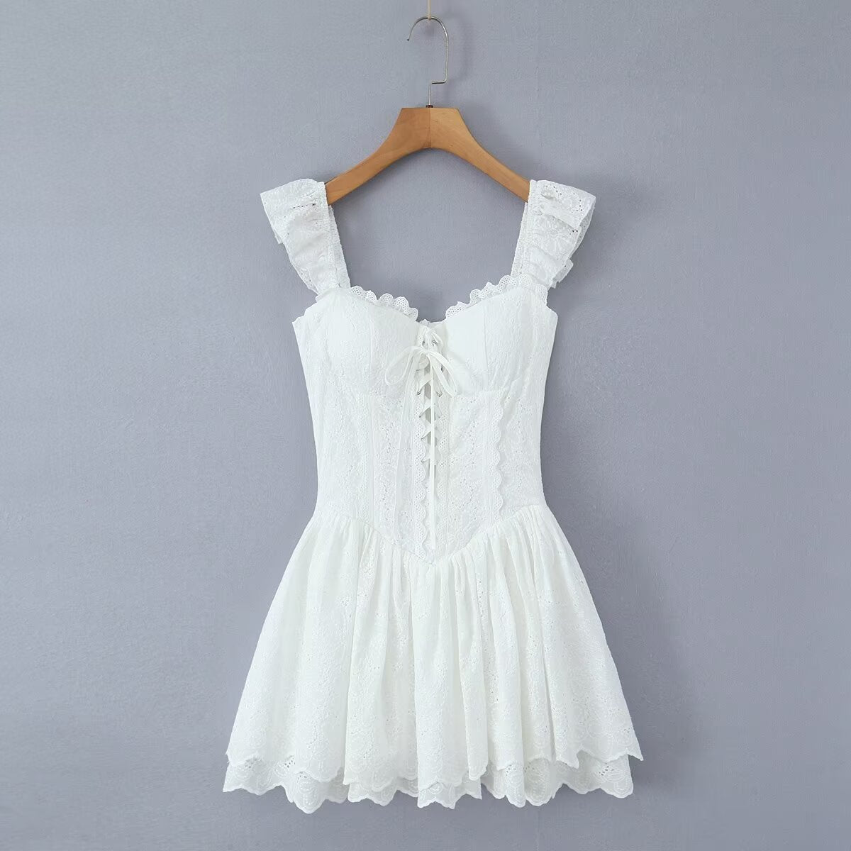 Sweet Sexy Lace Embroidered Suspender Puffy Chest Tied Slim Fit Mini Dress