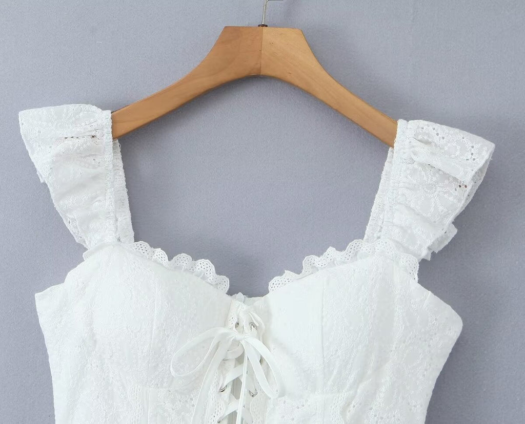Sweet Sexy Lace Embroidered Suspender Puffy Chest Tied Slim Fit Mini Dress
