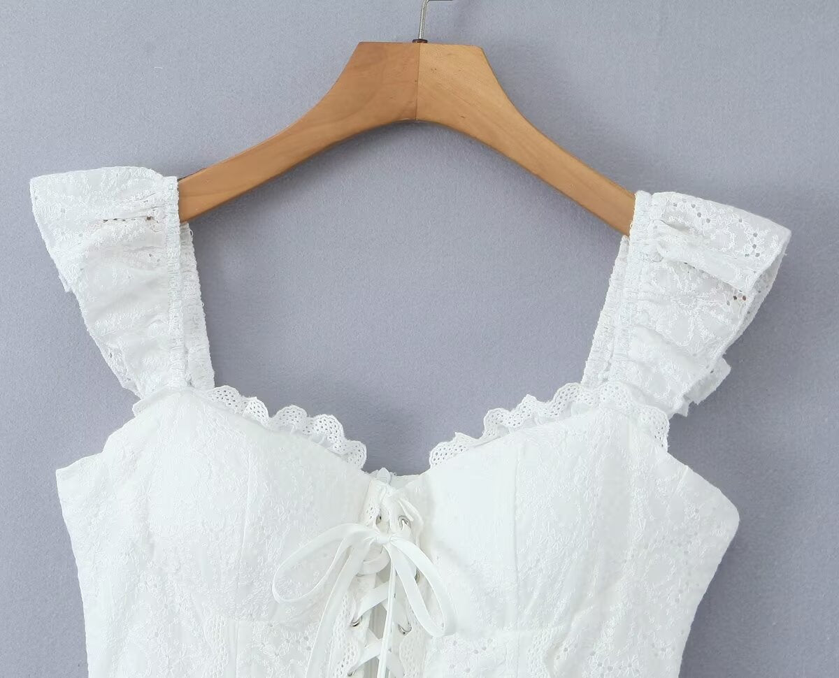 Sweet Sexy Lace Embroidered Suspender Puffy Chest Tied Slim Fit Mini Dress
