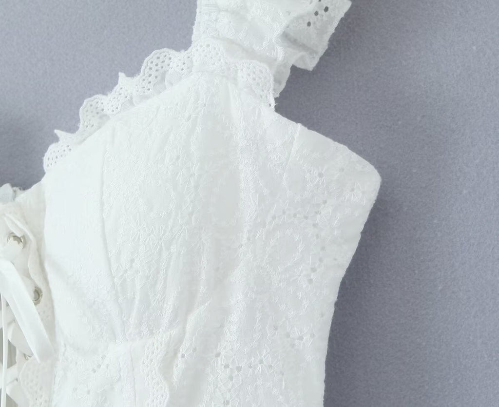 Sweet Sexy Lace Embroidered Suspender Puffy Chest Tied Slim Fit Mini Dress