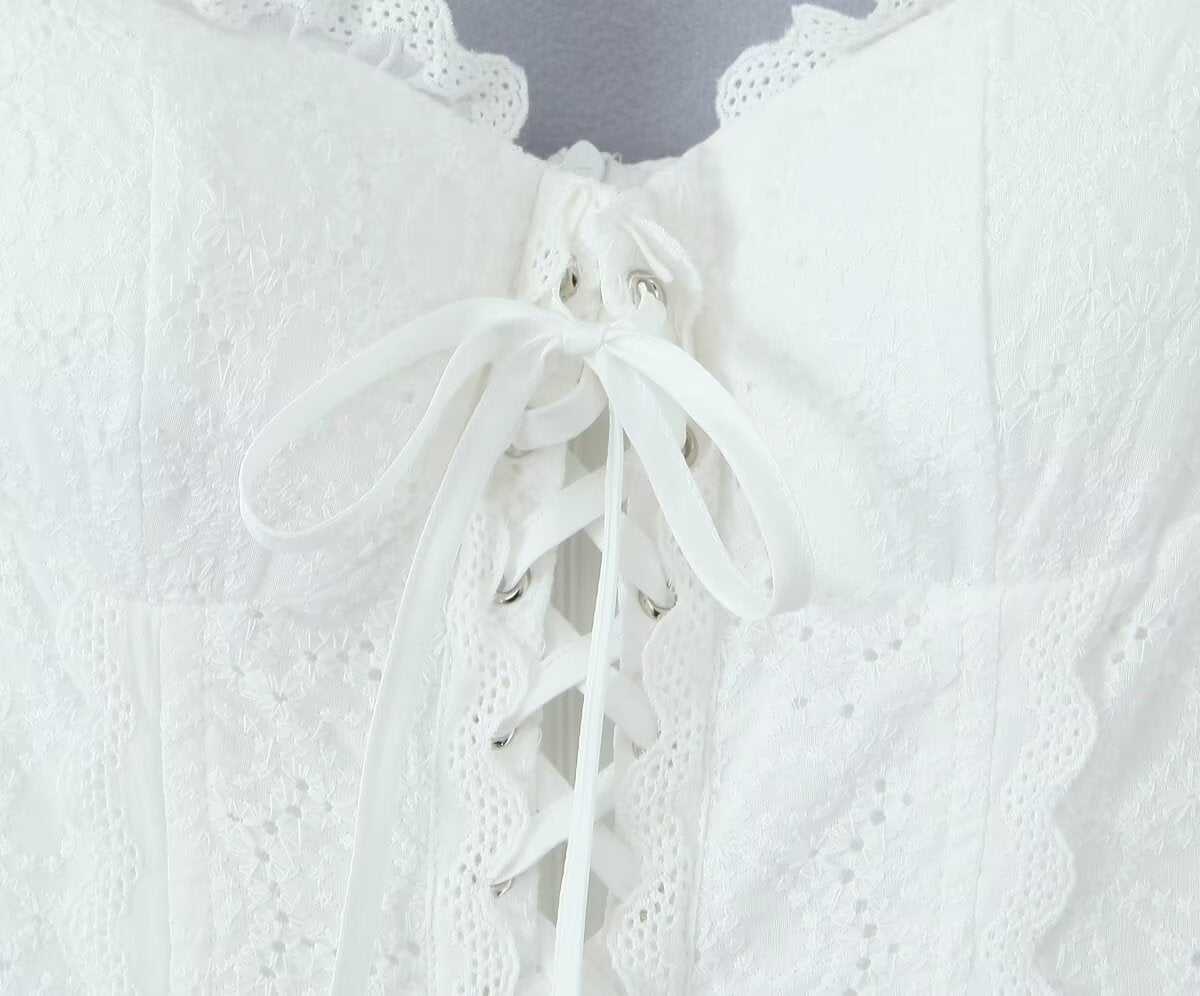 Sweet Sexy Lace Embroidered Suspender Puffy Chest Tied Slim Fit Mini Dress