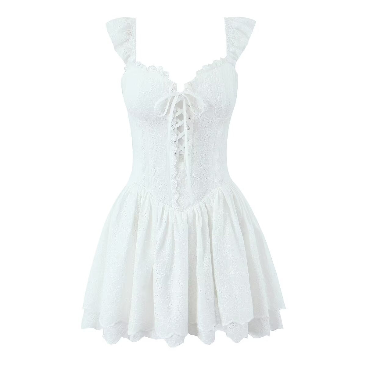 Sweet Sexy Lace Embroidered Suspender Puffy Chest Tied Slim Fit Mini Dress