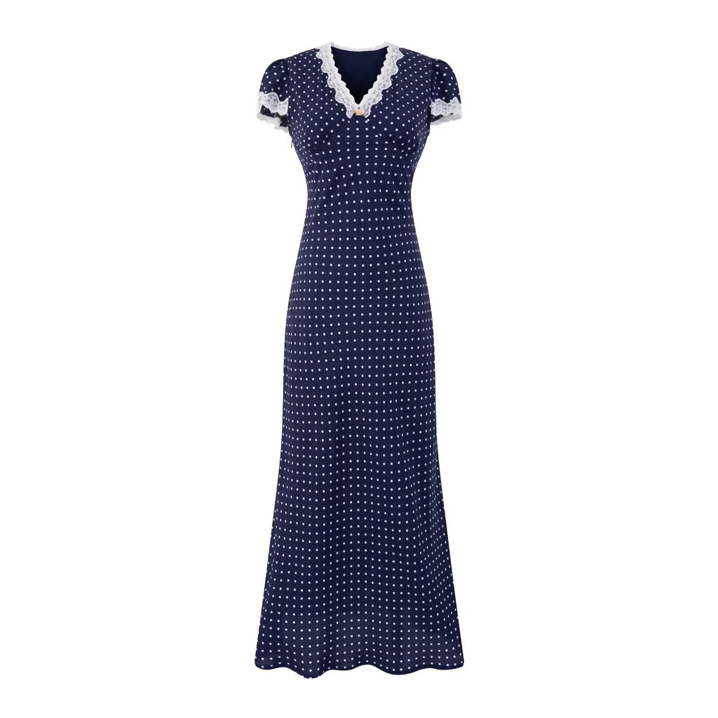 V neck Lace Stitching Short Sleeve Dress Women Polka Dot Print Slim Fit Waist Controlled Lace up Fishtail Dress