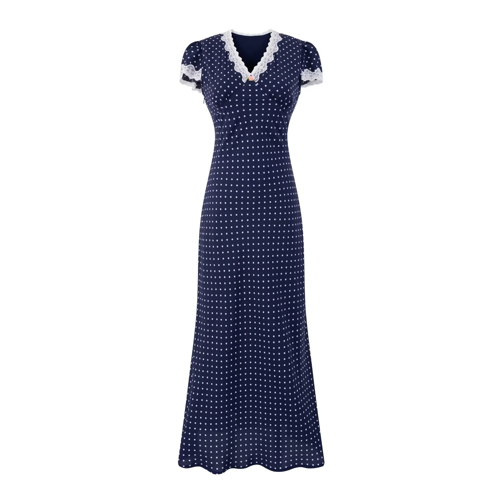 V neck Lace Stitching Short Sleeve Dress Women Polka Dot Print Slim Fit Waist Controlled Lace up Fishtail Dress