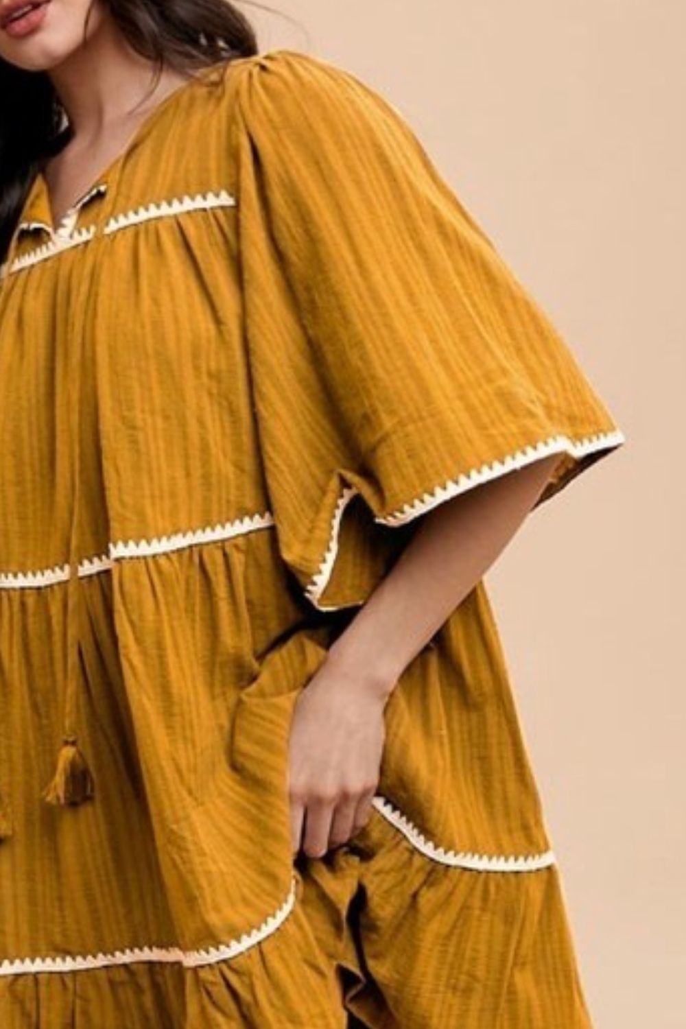 Bohemian Tassel Trim Tie Neck Half Sleeve Tiered Dress