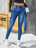 Women Stretch Denim Skinny Jeans with Asymmetric Bow Details - Image 2