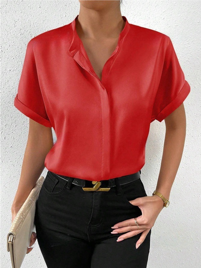 Women Solid Color Satin Short Sleeve Shoulder Stand Collar Short Sleeve Satin Shirt