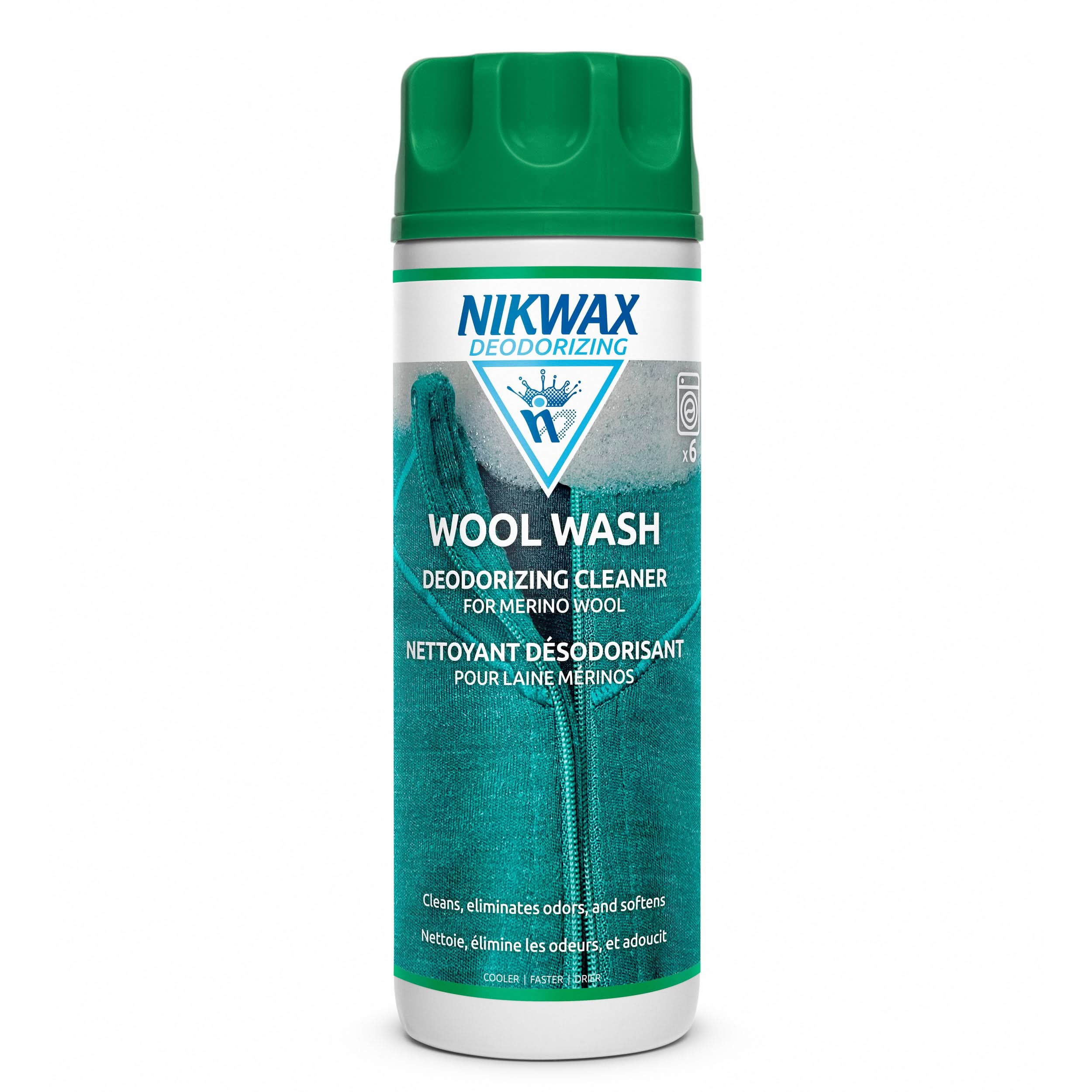 Bottle of Nikwax Wool Wash for cleaning and conditioning merino wool base layers