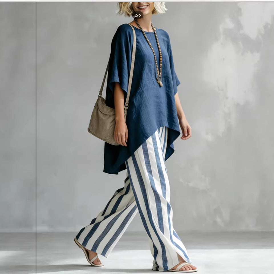 Women's Navy Batwing Top and Striped Linen Wide-Leg Pant Set - Image 3