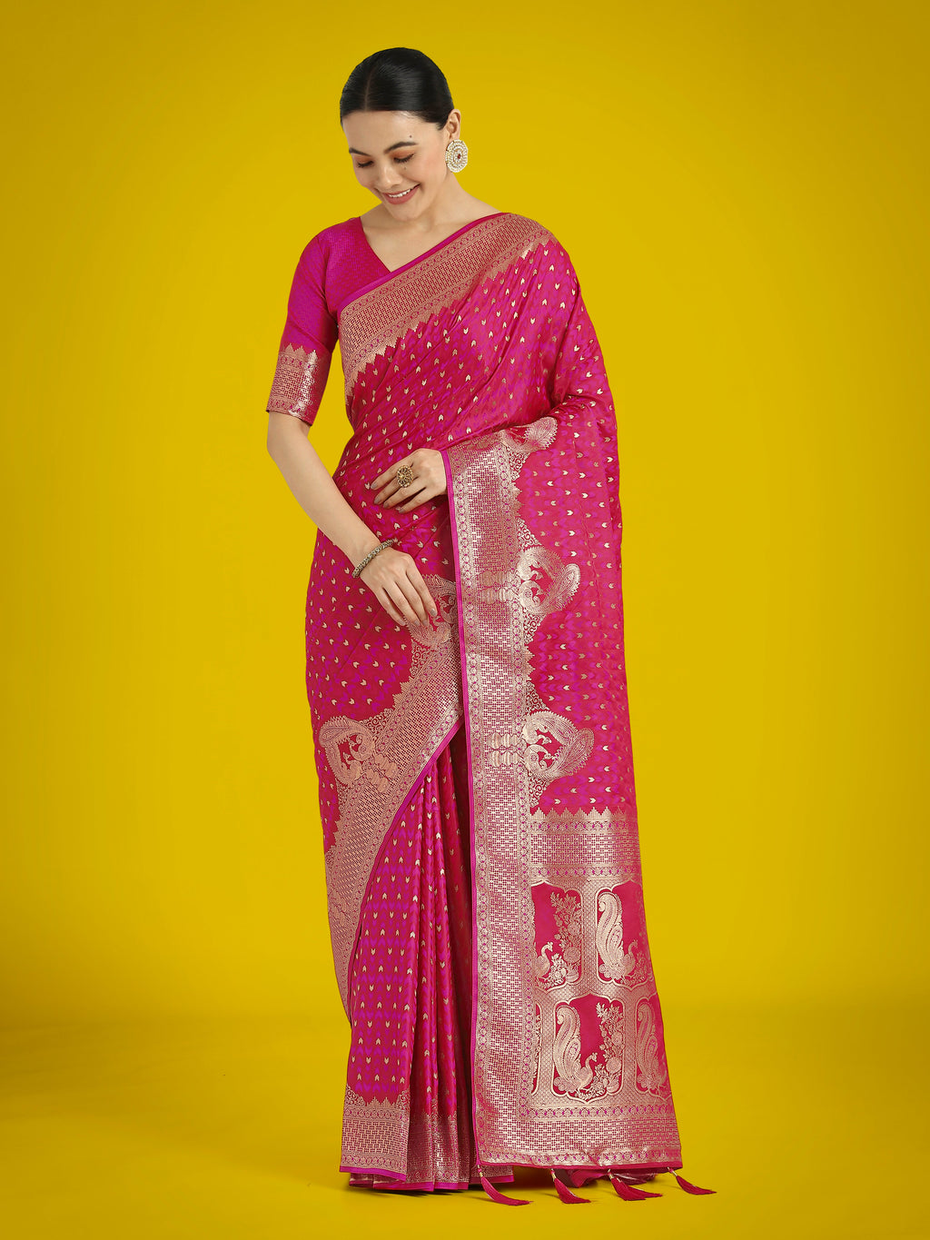 Rani Pink Banarasi Satin Silk designer saree with elegant zari woven details and matching unstitched blouse piece