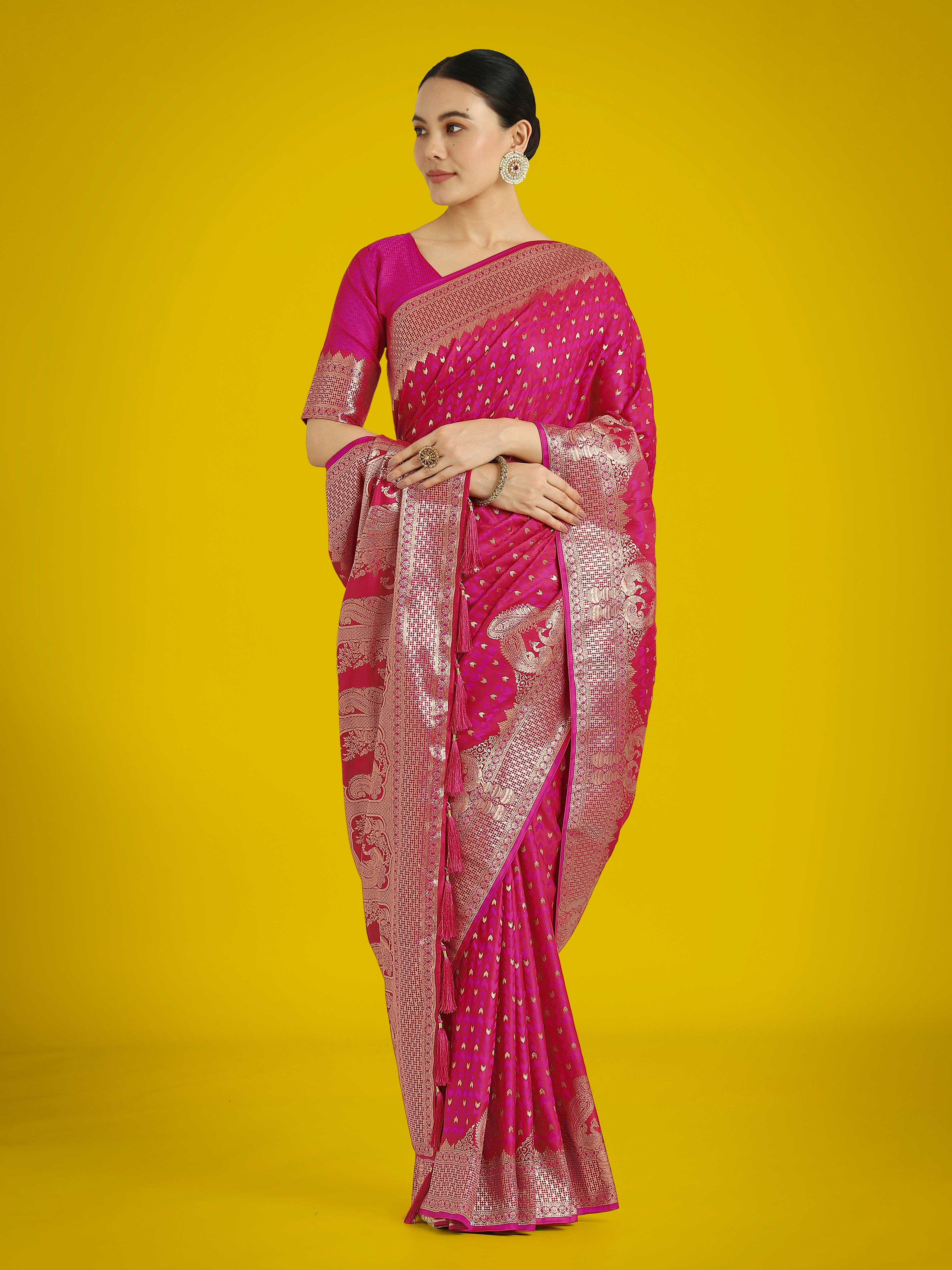 Rani Pink Banarasi Satin Silk Designer Saree with Zari Weave