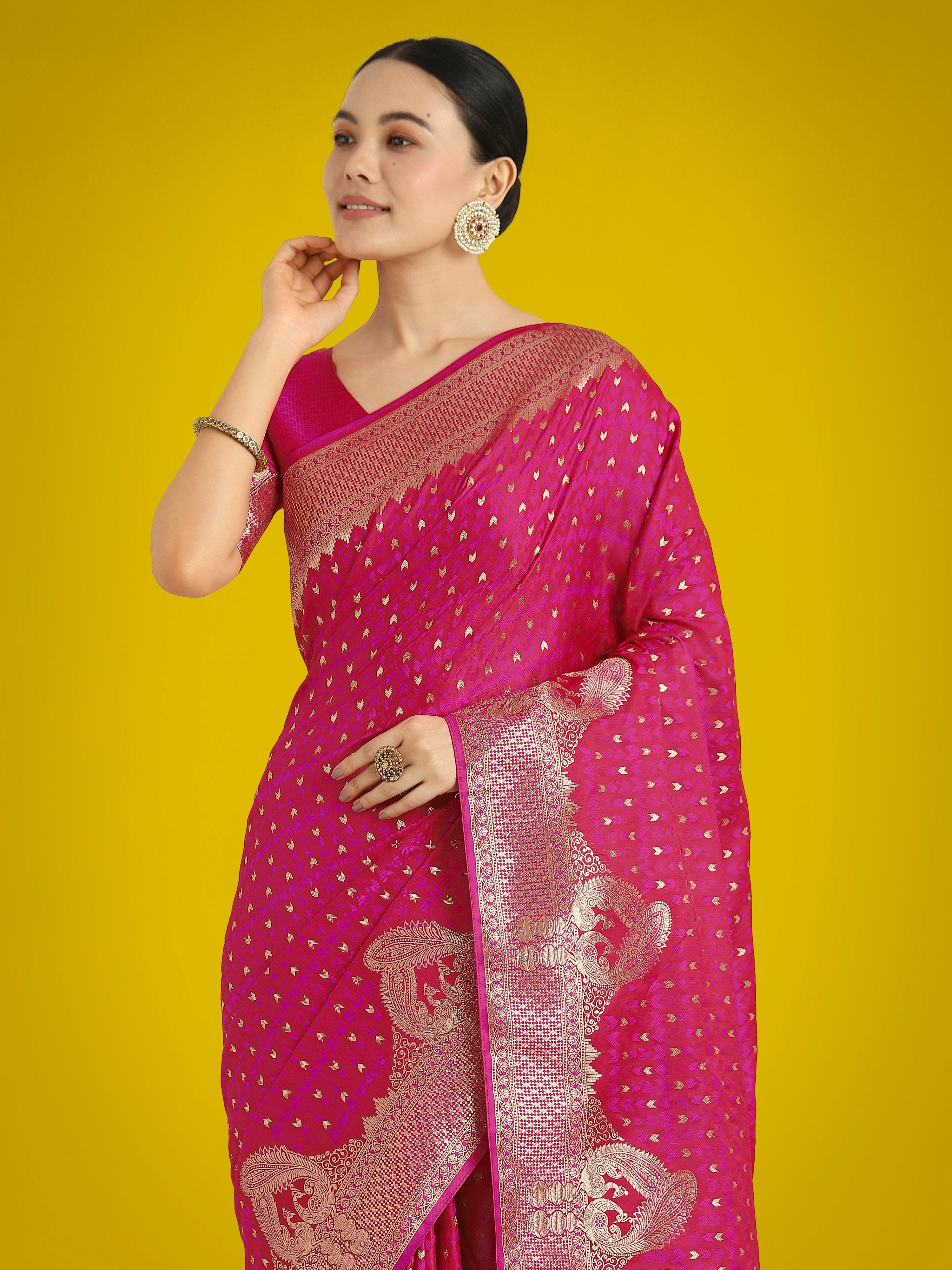 Rani Pink Banarasi Satin Silk Designer Saree with Zari Weave