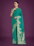 Turquoise Banarasi satin silk designer saree with intricate woven zari work