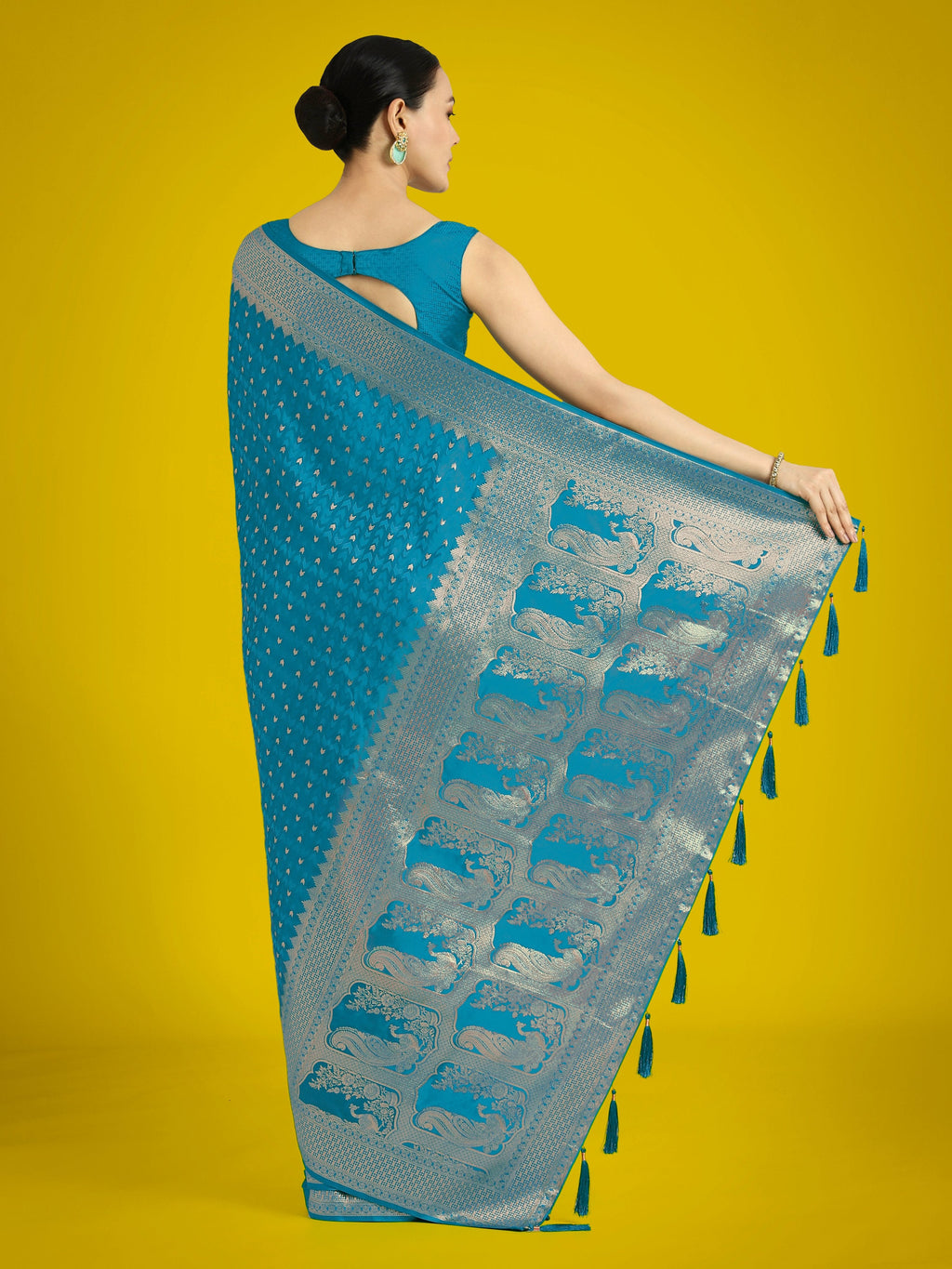 Monjolika Fashion Gorgeous Cyan blue Woven Banarasi Satin Designer Silk Saree