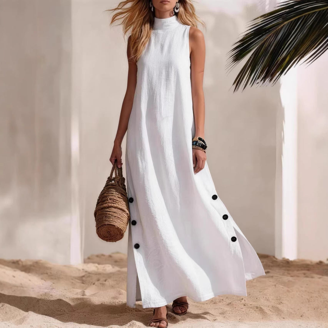 Cotton Linen Sleeveless Midi Dress with Side Slits – Loose Fit
