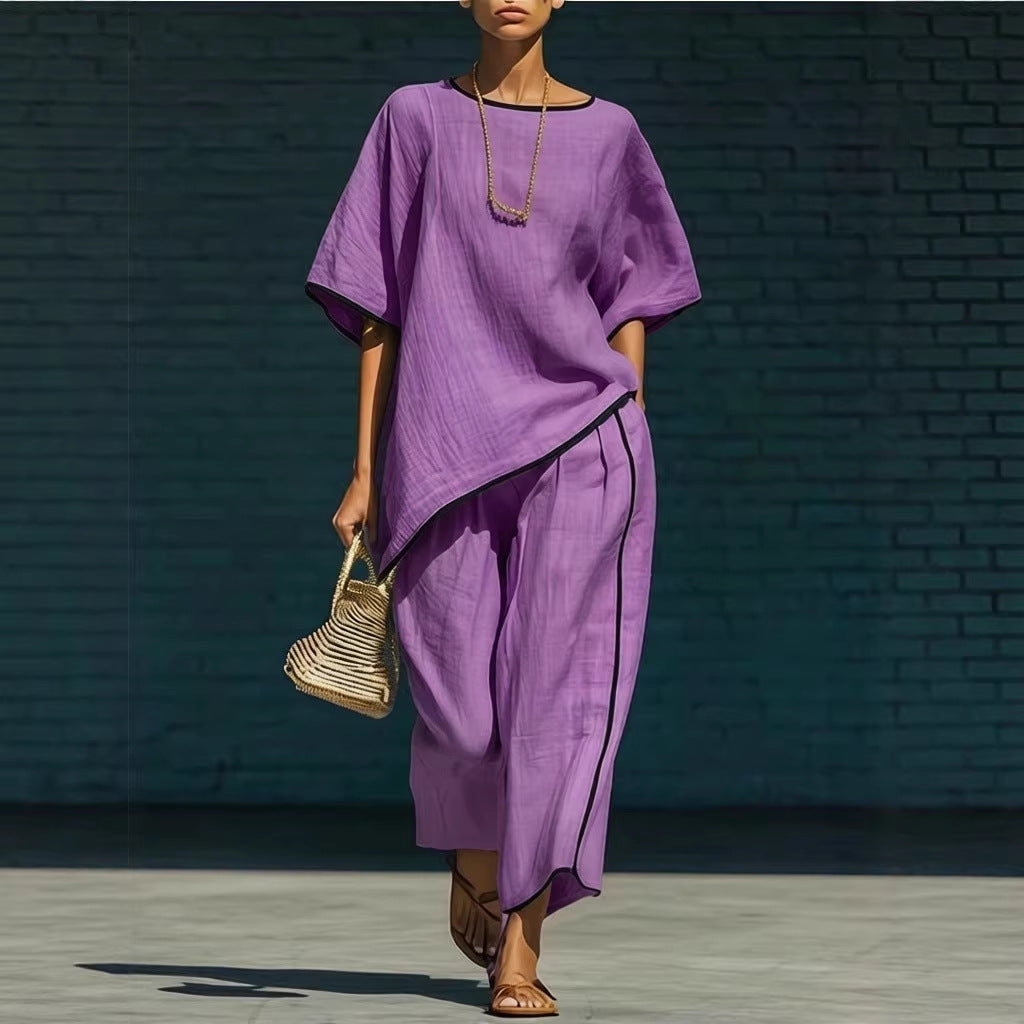 Women's Loose Linen-Blend Short Sleeve Top and Pant Set - Image 2