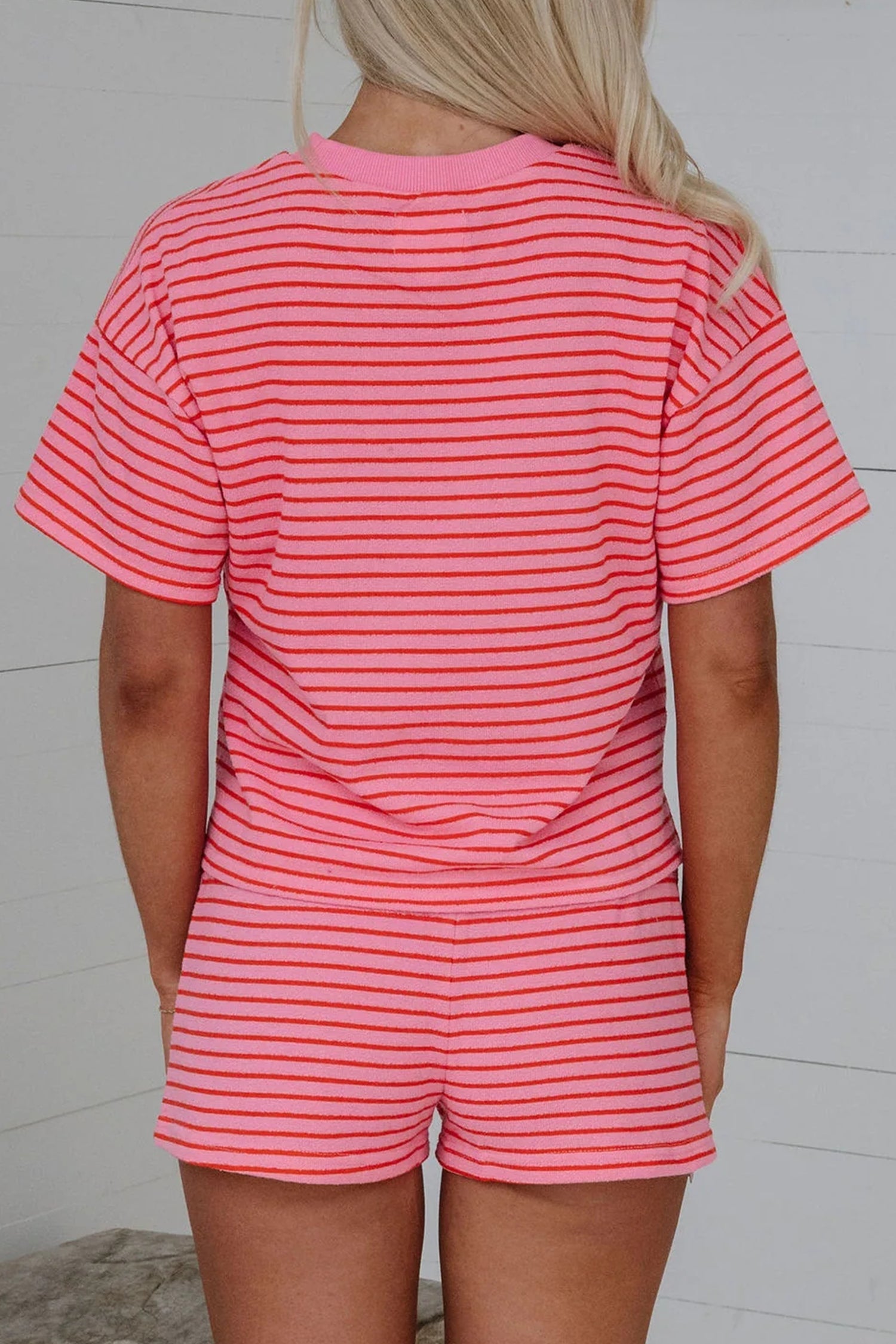 Rose Stripe Side Split Knit Tee and Drawstring Shorts Set