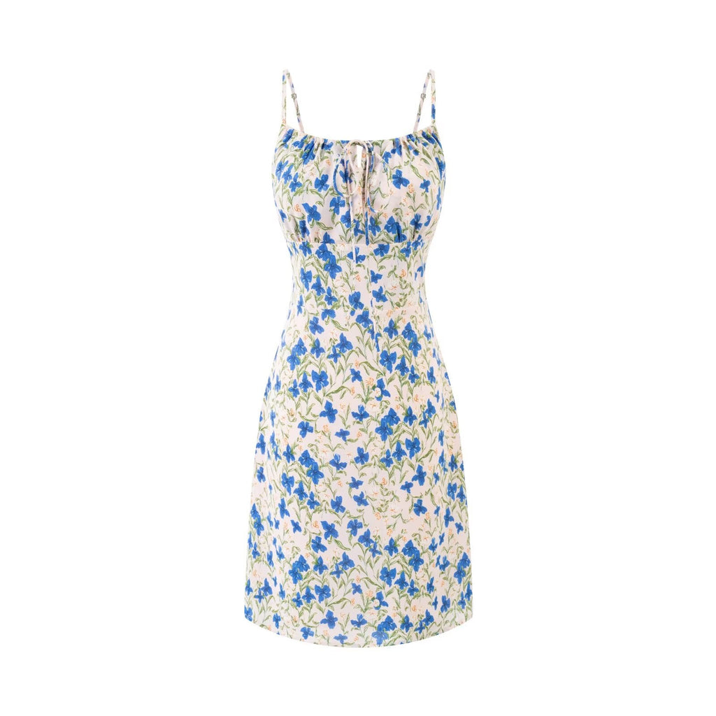 Spring Vacation Blue Butterfly Floral Tight Waist Suspender Sheath Dress
