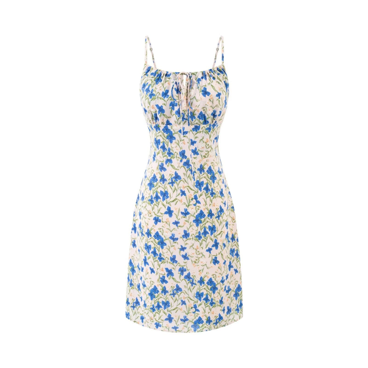 Spring Vacation Blue Butterfly Floral Tight Waist Suspender Sheath Dress