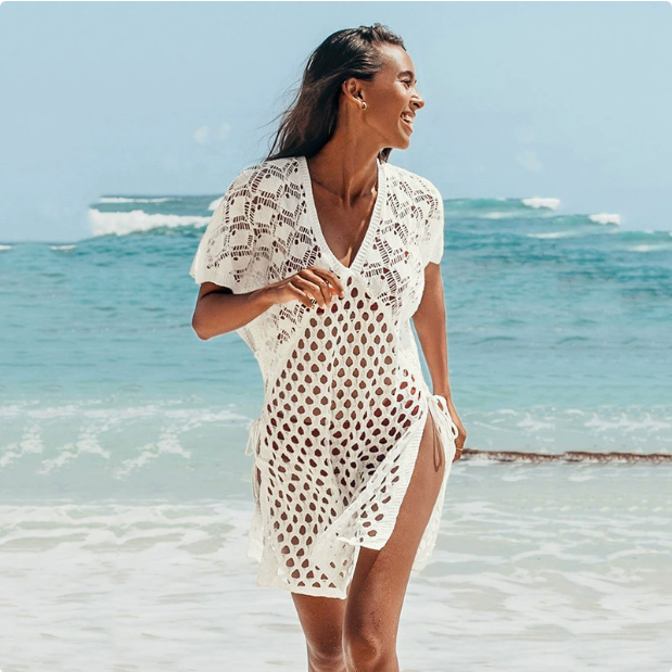 Blouse Women Knitted Hollow Out Cutout out V neck Pullover Short Sleeve Smock Dress Women Breathable