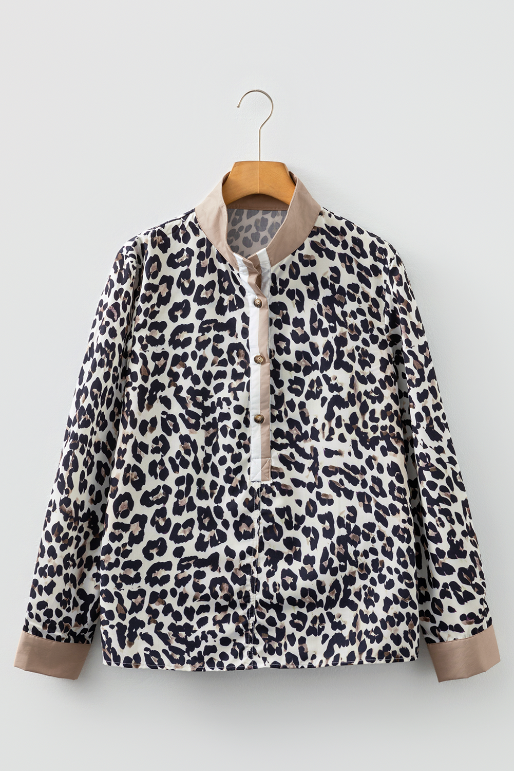 Leopard Button-Collar Contrast Patchwork Cuff Top