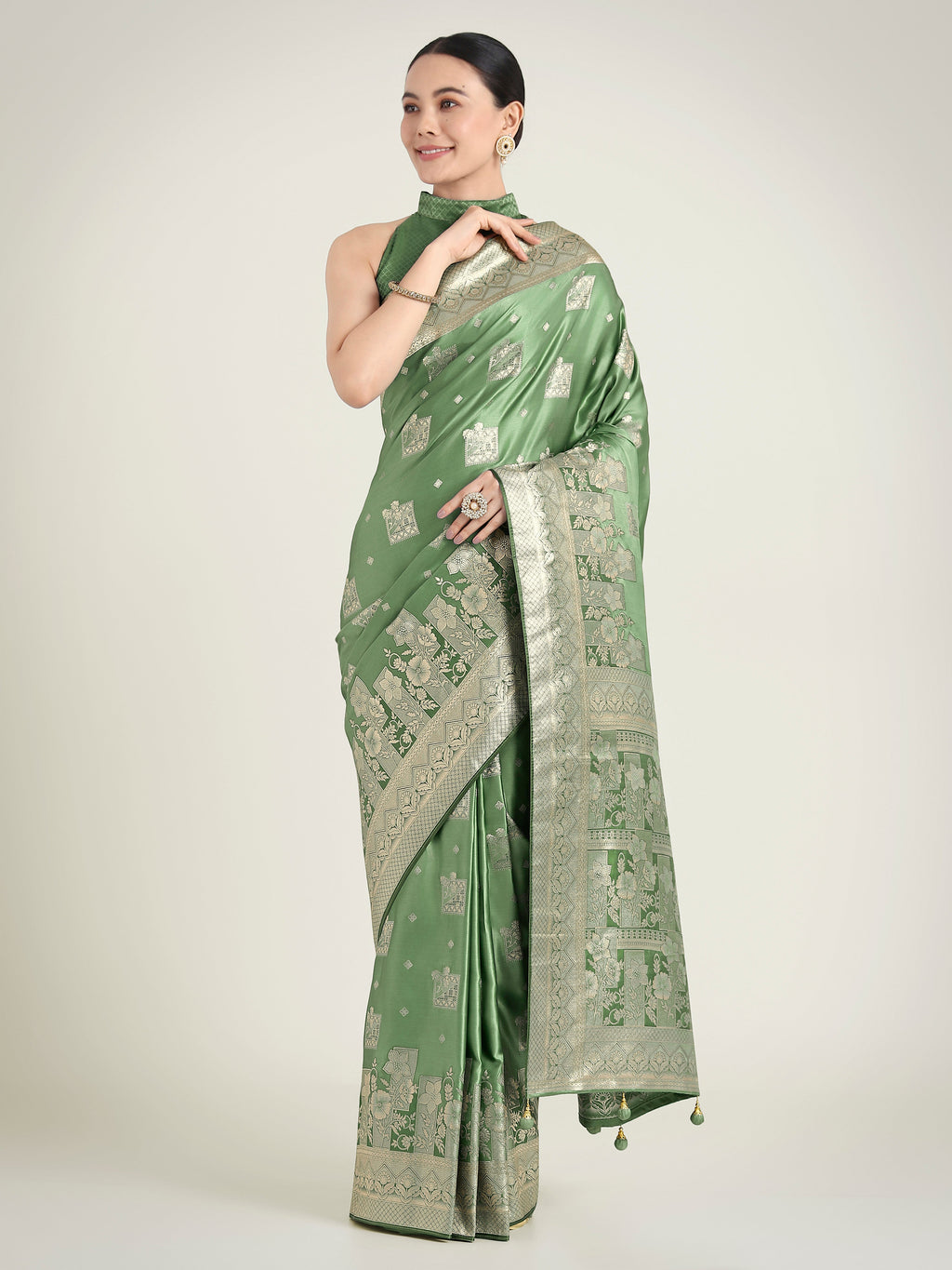 Green Banarasi Satin Silk Saree with Zari Weaving for Festivals