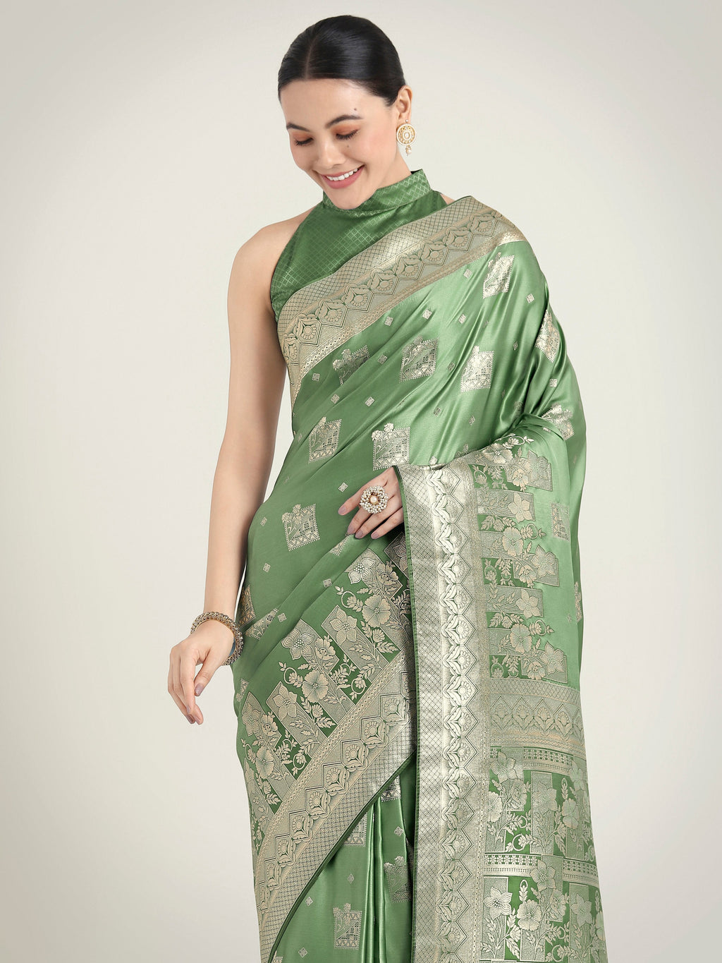 Green Banarasi Satin Silk Saree with Zari Weaving for Festivals