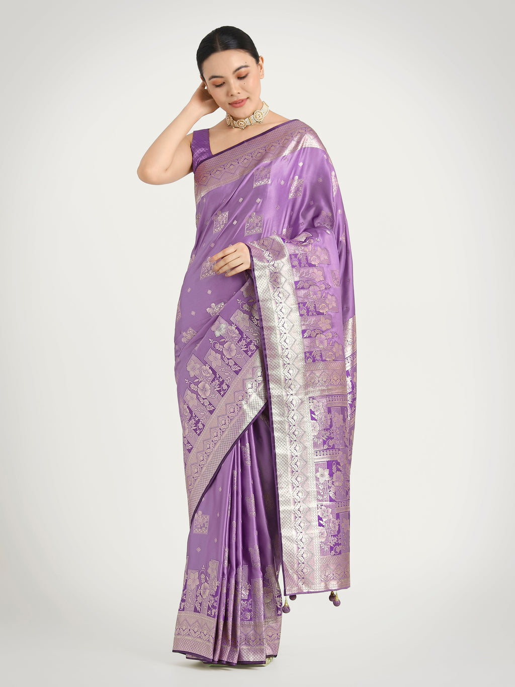 Lavender Banarasi Satin Silk Saree featuring traditional zari weaving
