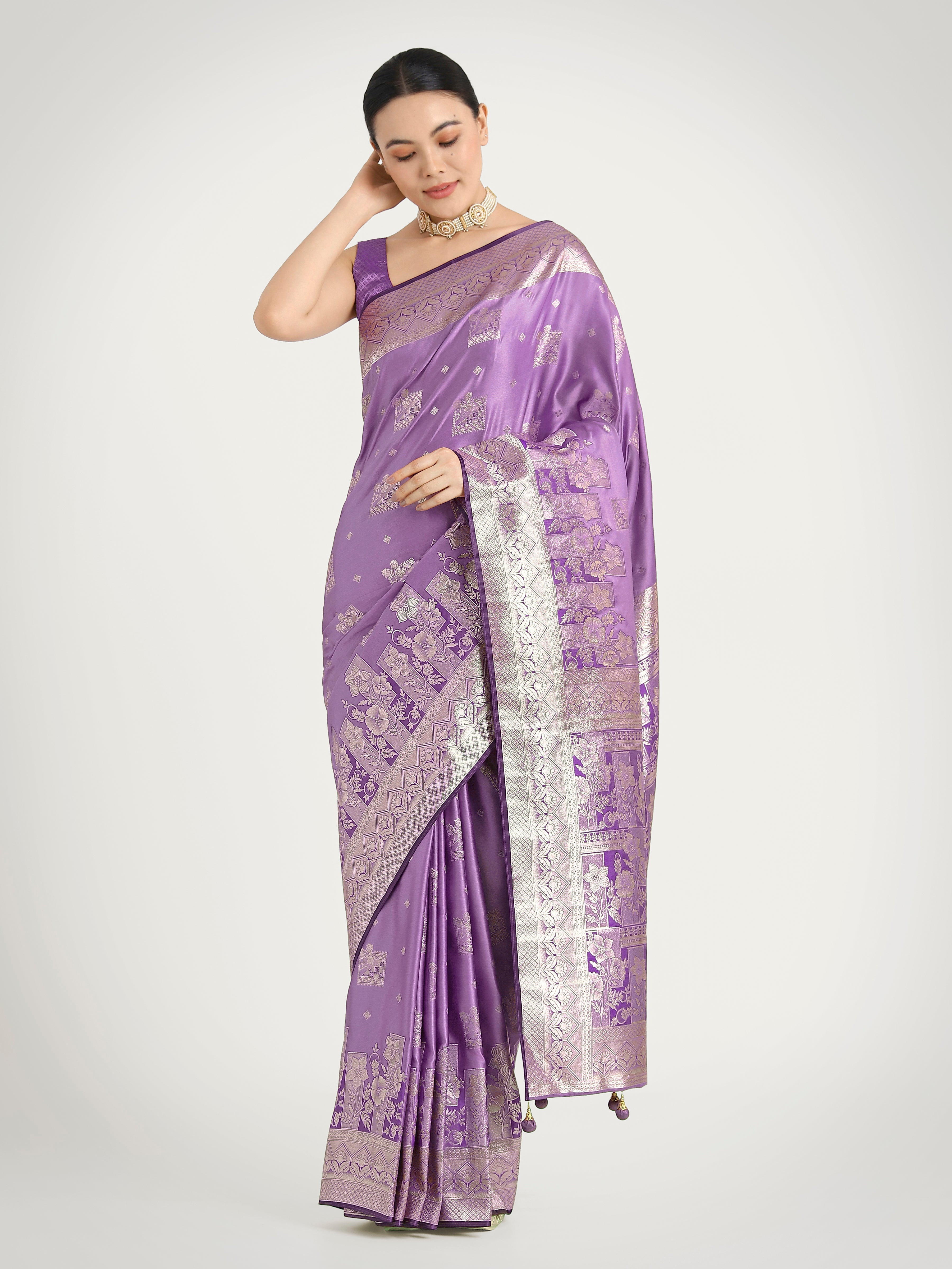 Lavender Banarasi Satin Silk Saree featuring traditional zari weaving