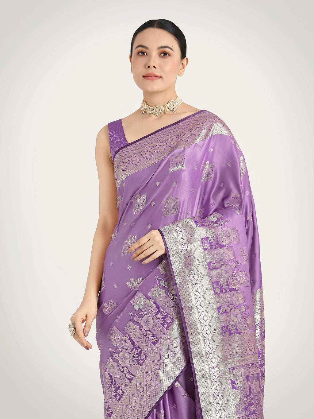 Lavender Banarasi Satin Silk Saree with Zari Weaving Work