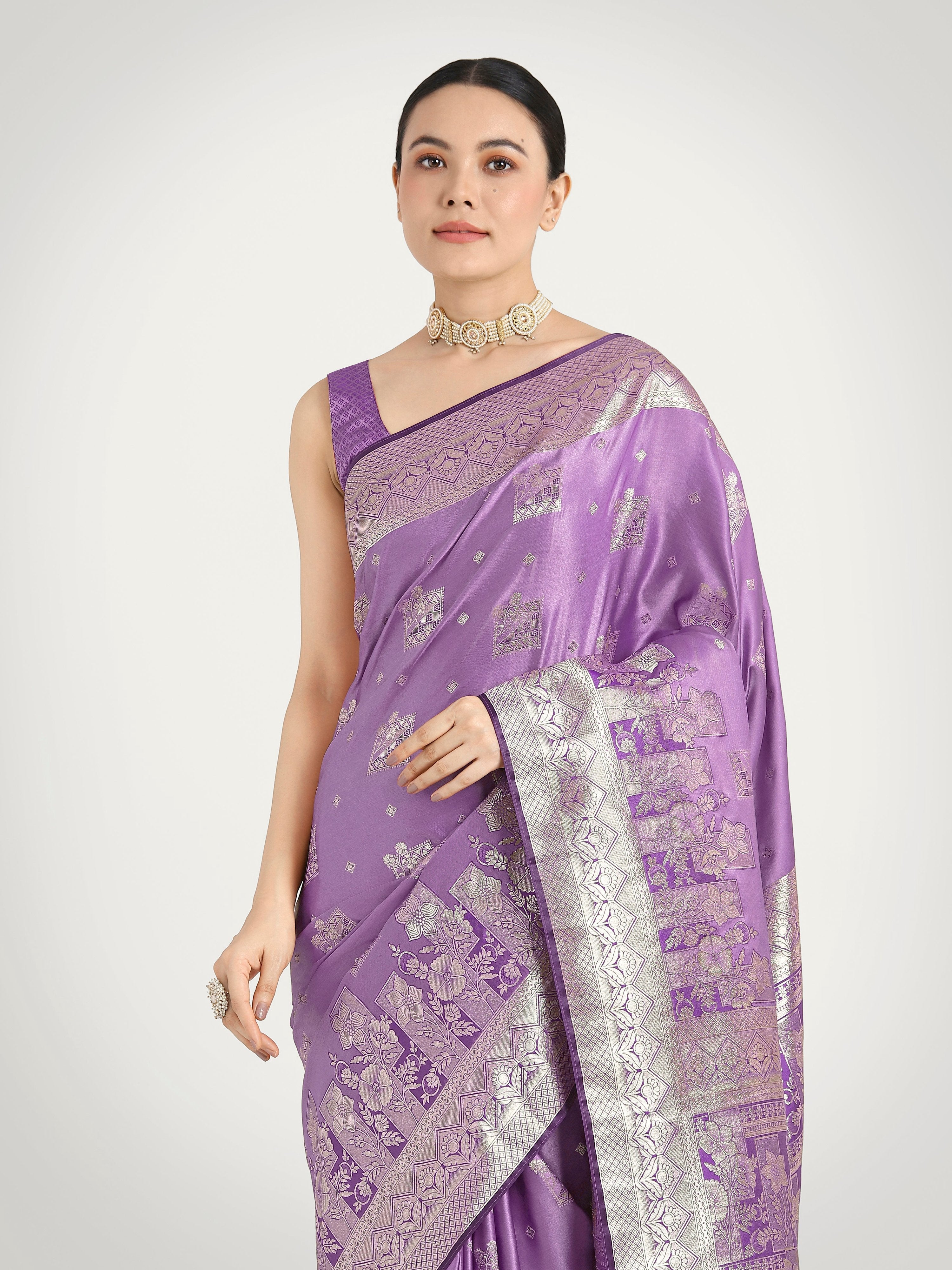 Lavender Banarasi Satin Silk Saree with Zari Weaving Work