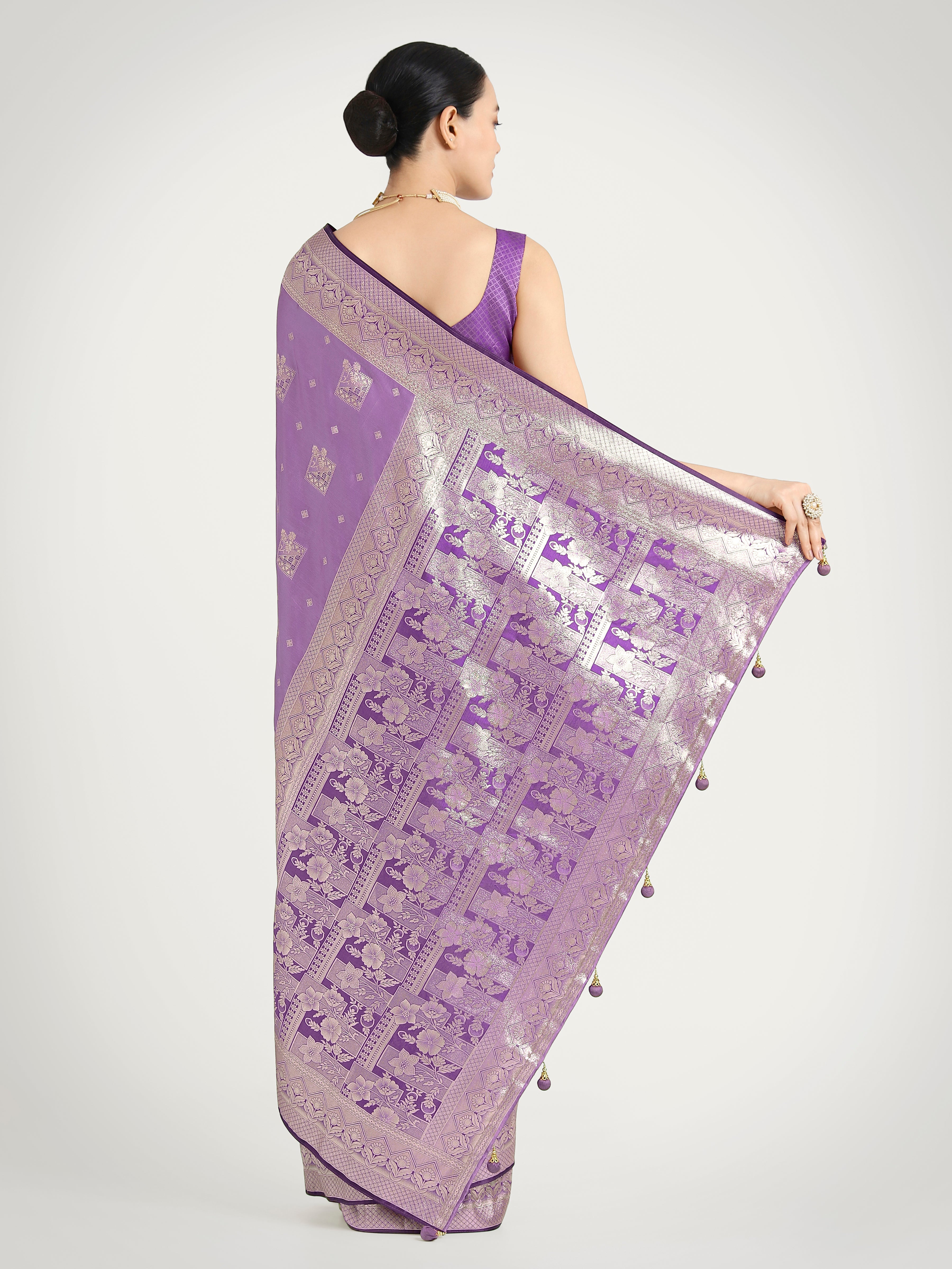 Lavender Banarasi Satin Silk Saree with Zari Weaving Work