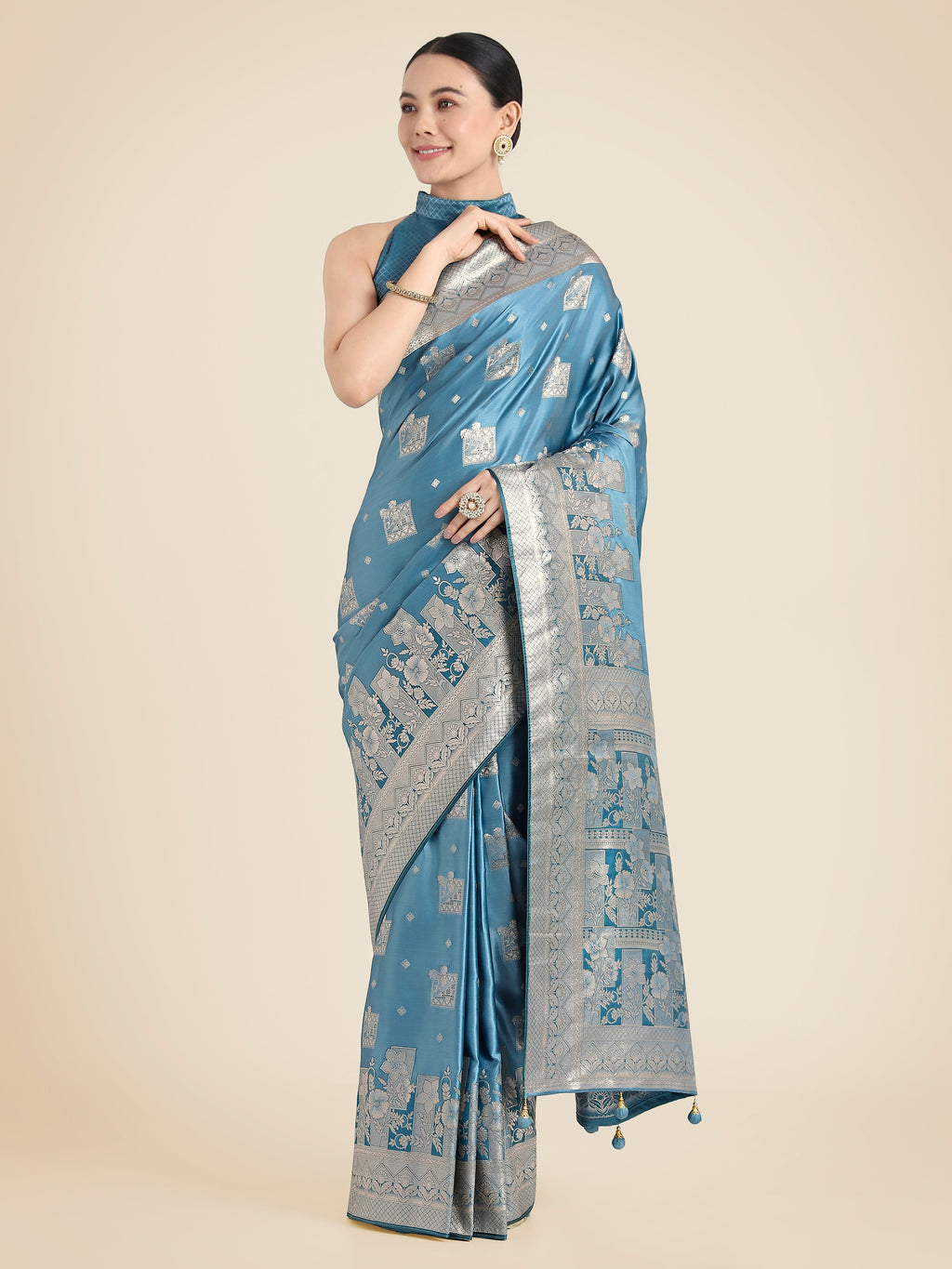 Cyan Blue and Pink Banarasi Satin Silk Zari Woven Festival Saree