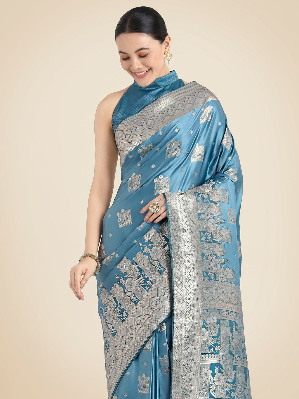 Cyan Blue and Pink Banarasi Satin Silk Zari Woven Festival Saree