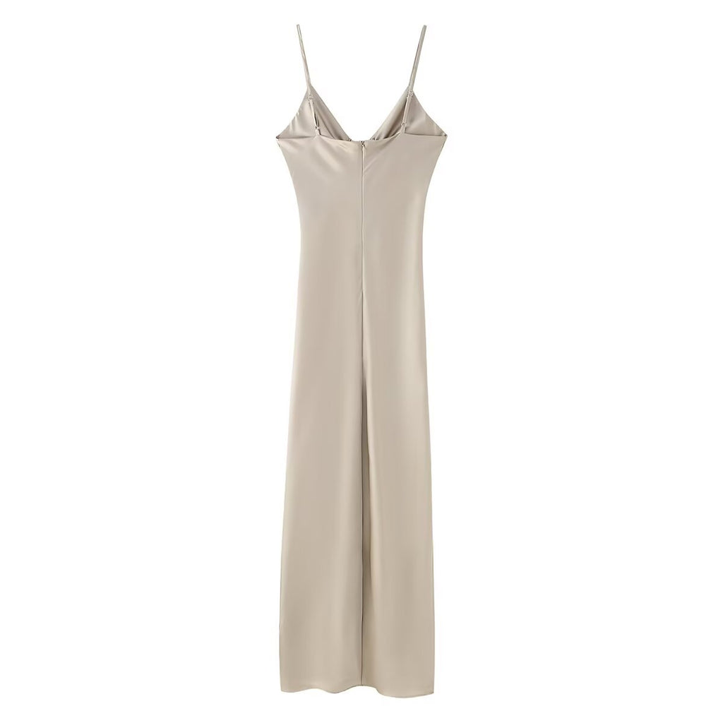 Women Clothing Long Hollow Out Cutout Decorative Satin Sling Dress