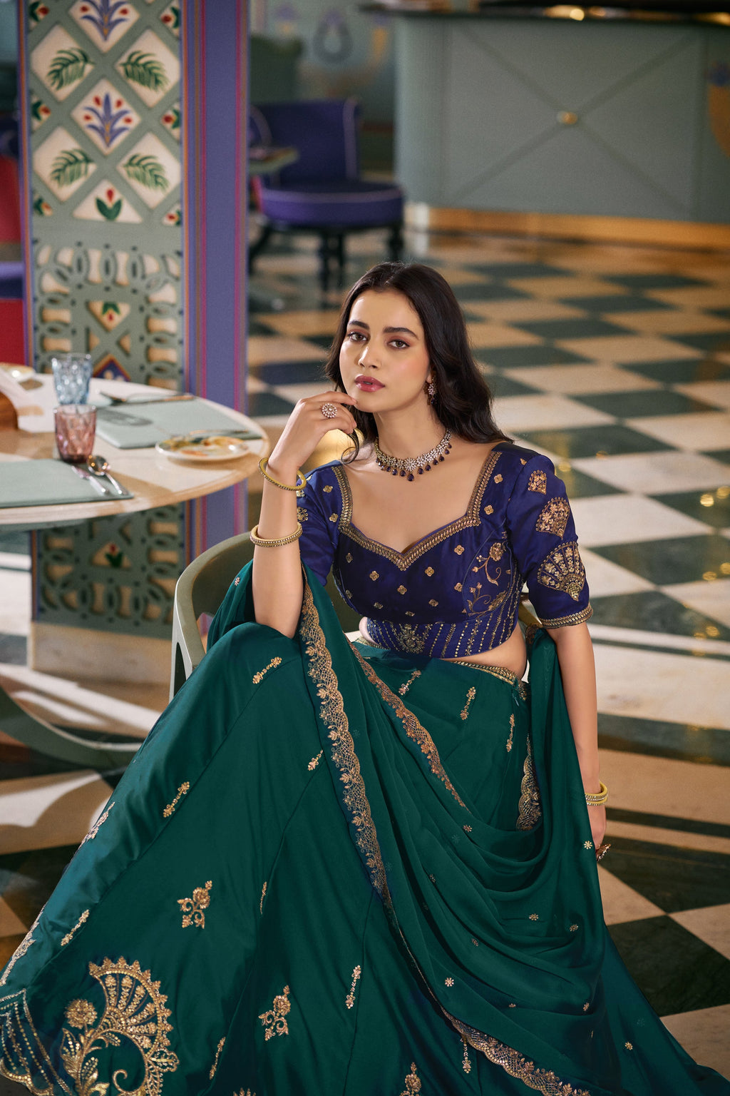 Teal Rangoli Silk Lehenga Choli with Sequins and Embroidery