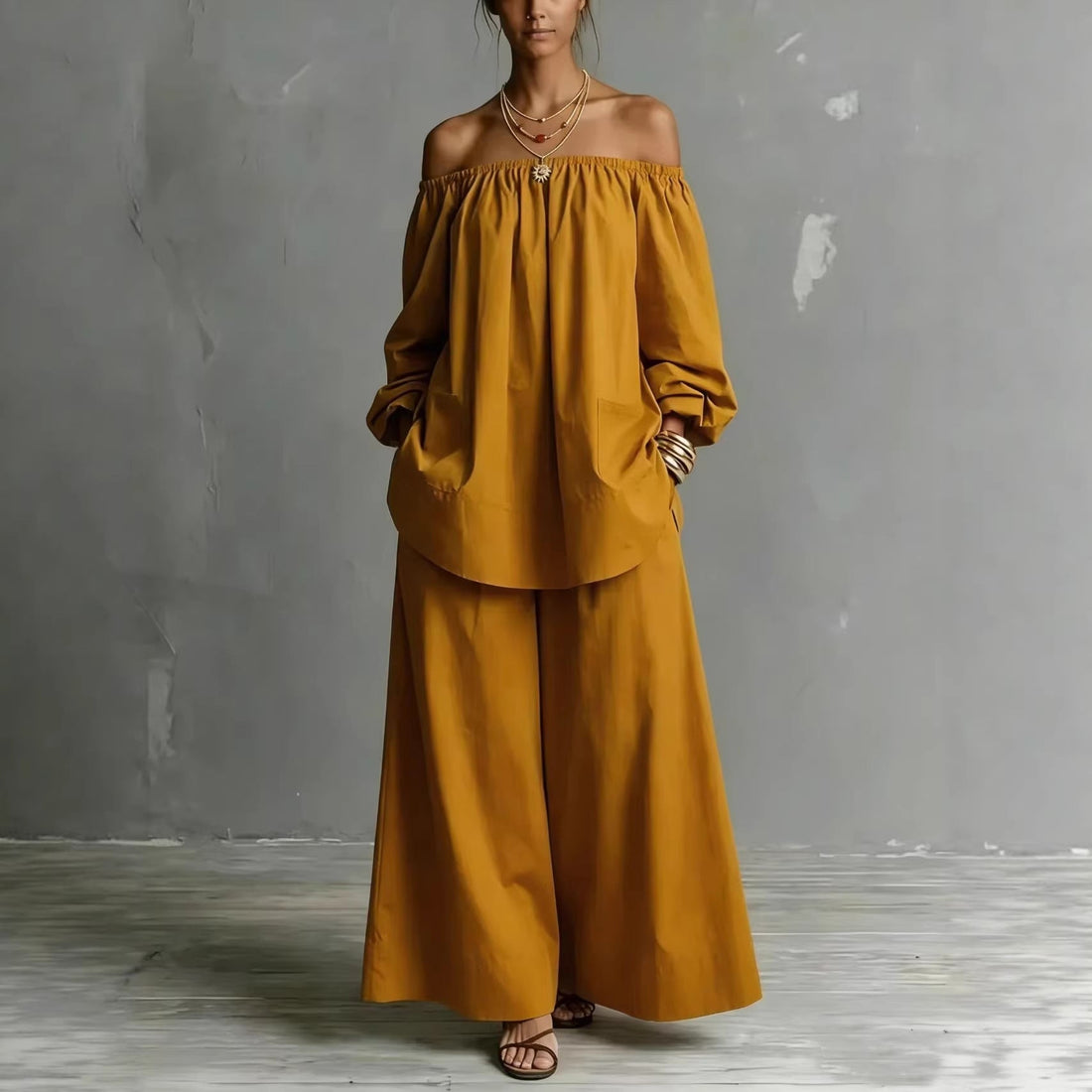 Off-Shoulder Cotton-Linen Wide-Leg Pants Set - Breathable Two-Piece - Image 6